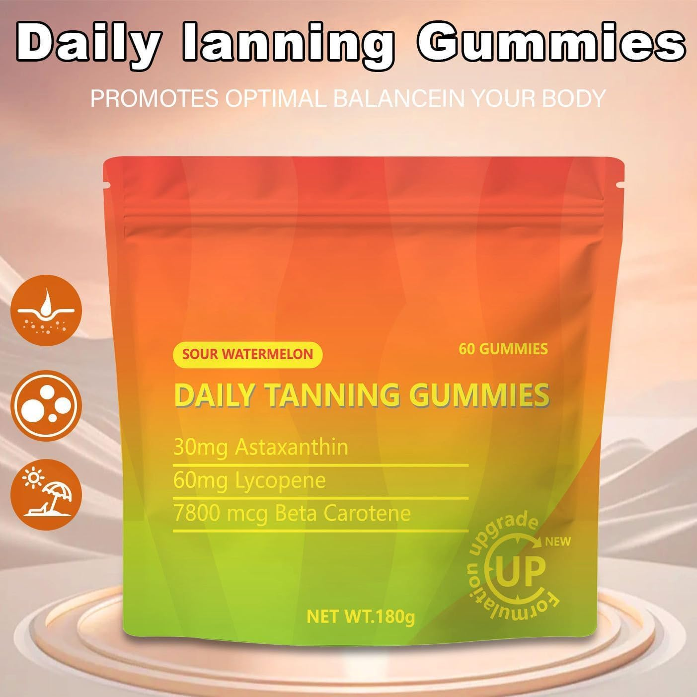Tanning Gummie, Tanning Gummies for Skin Glow & Health - Vegan, Non-Gmo, with Astaxanthin, Lycopene & Beta Carotene, 60 Gummies for a Natural, Long-Lasting Tan - 1 Bag image number 5