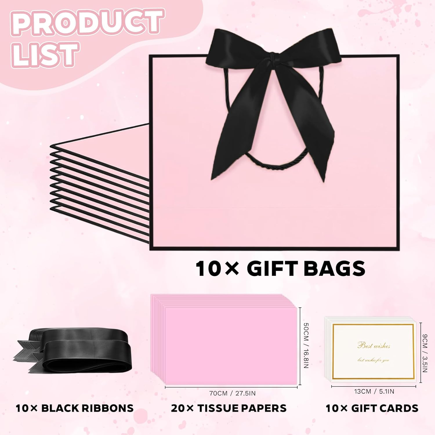 10 Pack Pink Black Bow Gift Bags with Handles, 32 X 25 X 11CM Large, Contains 20 Sheets Tissue Papers & 10 Greeting Cards for Wedding, Birthday, Valentine'S Day, Paper Bags image number 3