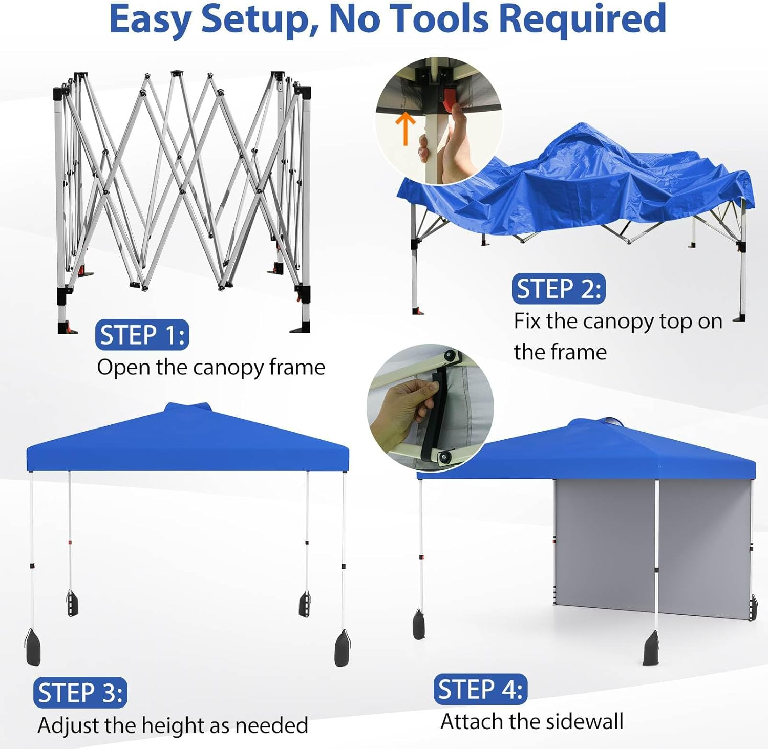 Costway 3 X 3 M Pop up Canopy Tent W/ 1 Sidewall, Wheeled Bag, 8 Stakes, 4 Anchors, 4 Wind Ropes, 4 Sandbags, Vented Top, Portable Foldable Outdoor Patio Shelter (Blue) image number 3