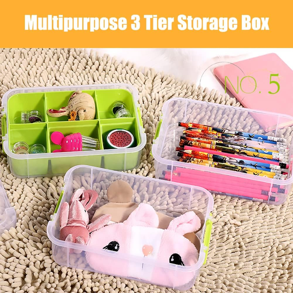 FOREVERIE Stackable Clear 3 Tier Arts & Crafts Plastic Storage Containers Large with a Six-Grid Tray, Portable Layered Embroidery & Sewing Box Organiser, Plastic Storage Box (Clear & Blue) image number 2