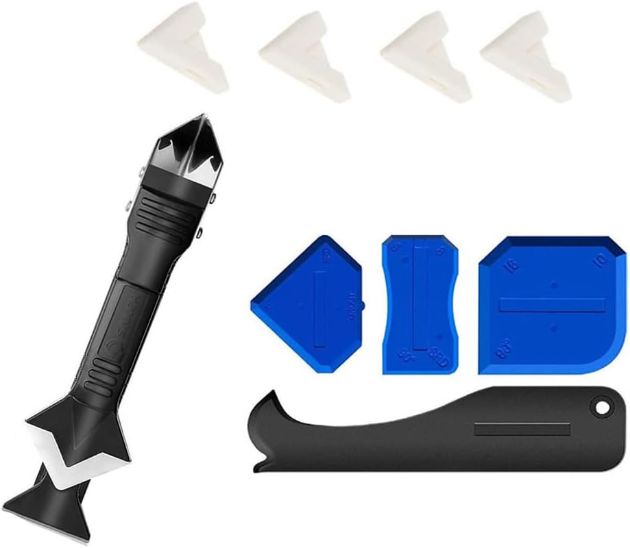 9 Pcs Caulking Tools Set, Glass Glue Angle Scraper, Caulking Nozzle Applicator Finishing Tool Set Kit Sealant Caulk Grout Remover Scraper for Bathroom Kitchen Sealing Hand Caulk Removal Tool image number 1