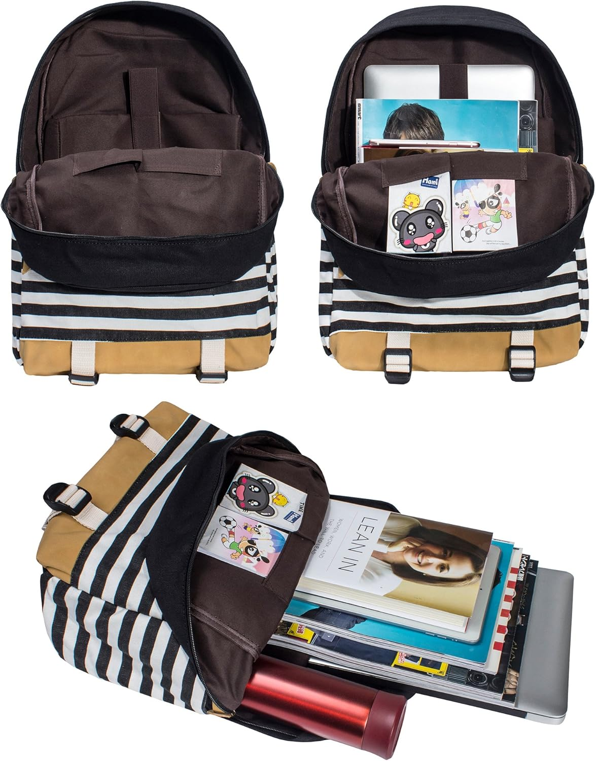 Leaper Navy Style School Laptop Backpack Girls Striped Canvas Bookbag Daypack image number 2