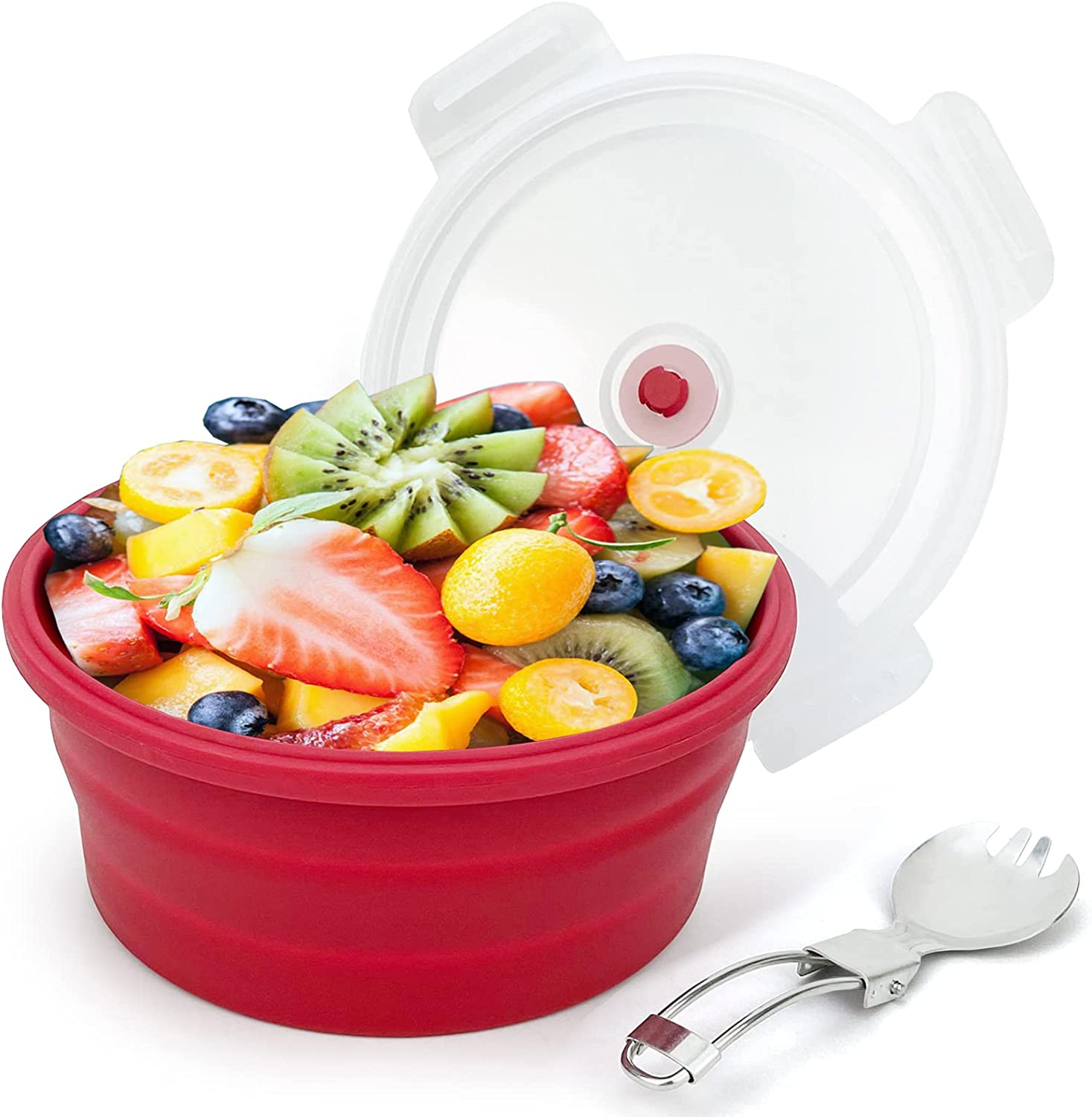 Lunbengo 1200Ml Large Camping Bowl with Foldable Spoon, Collapsible Bowl with Lid, Silicone Bento Box, for Travel Camping Meal Prep & Food Storage, Microwave Dishwasher Safe, Purple