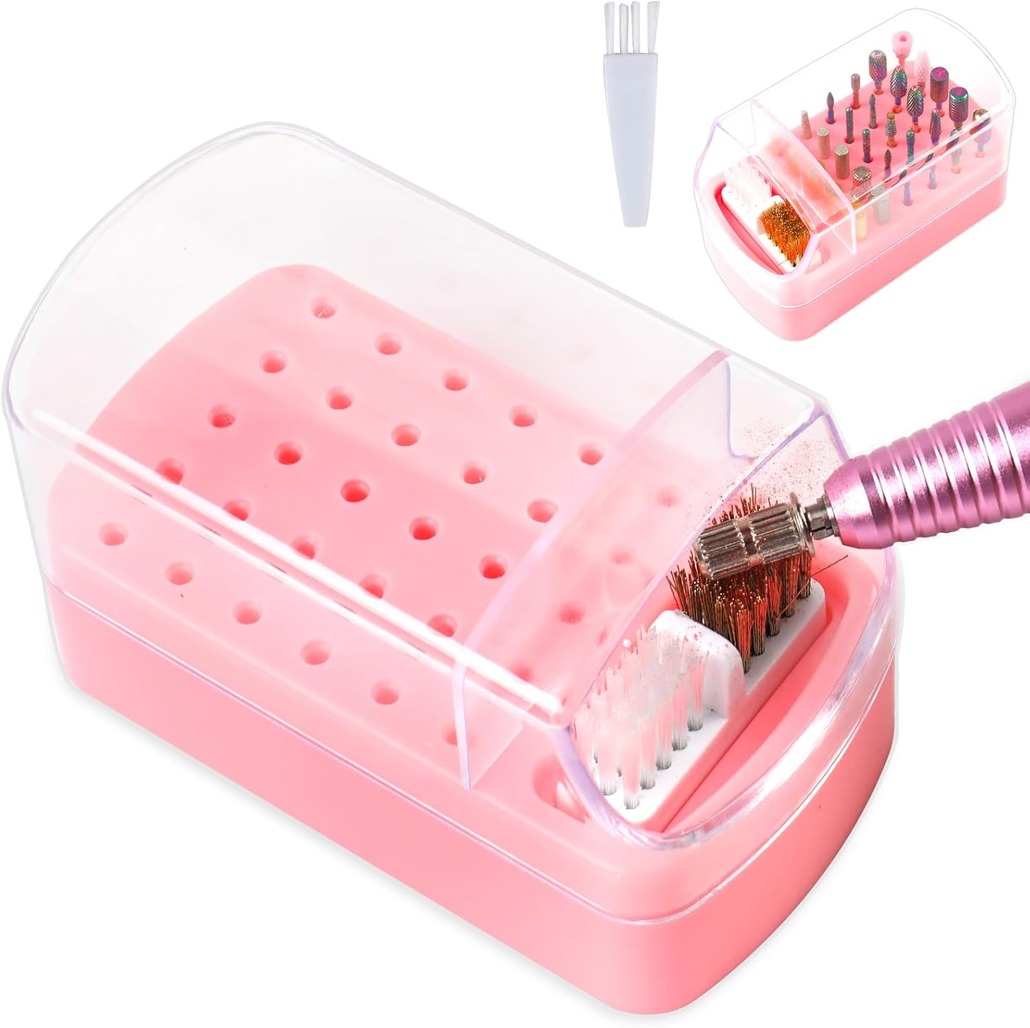 2 in 1 Nail Drill Bits Holder & Nail Drill Bits Cleaning Brush Case,30 Holes Dustproof Nail Art Drill Bits Stand Display Storage Box and Nail Drill Bits Cleaner Manicure Tools (White)