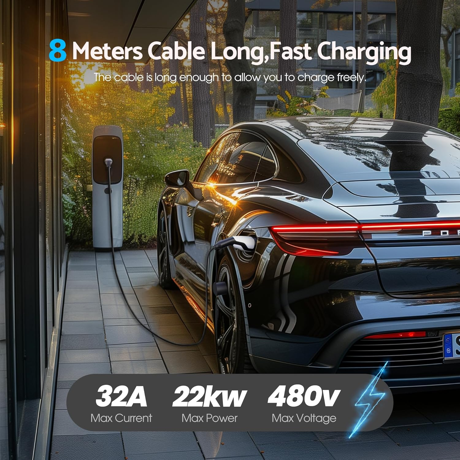 Advwin Type 2 EV Charging Cable 8M, 22Kw 32A EV Charger Portable Electric Vehicle/Phev Charger, 3 Phase/480V Plug-In Hybrid EV Charging Station for Tesla Model Y/3, BYD, MG4 image number 4