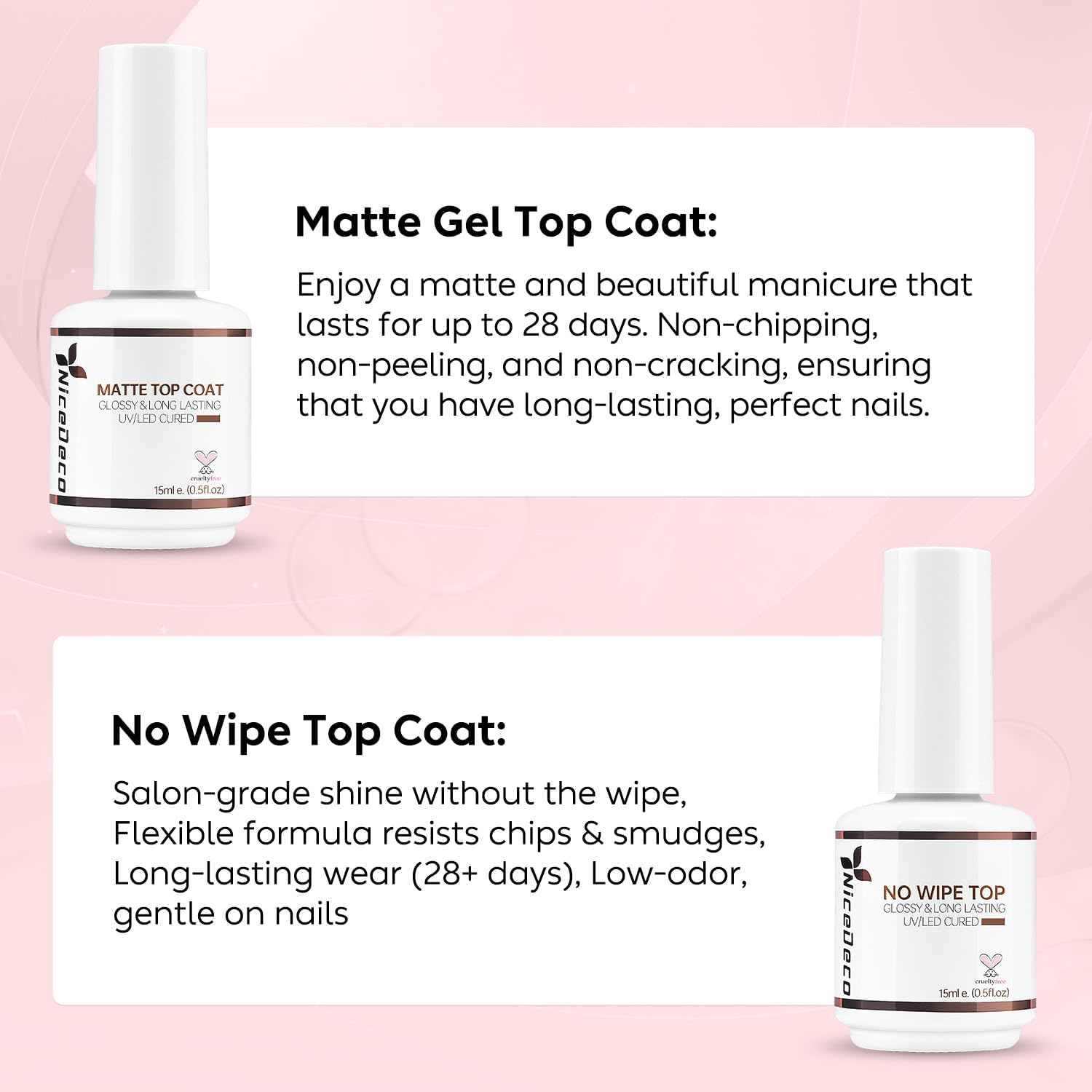 Nicedeco 2Pcs 15Ml No Wipe Top Coat Glossy & Matte Set &ndash;Hema-Free,Cruetly-Free,Vegan， Shine and Velvet Finish for Gel Polish, LED UV Curable, Soak Off, Nail Art DIY image number 3
