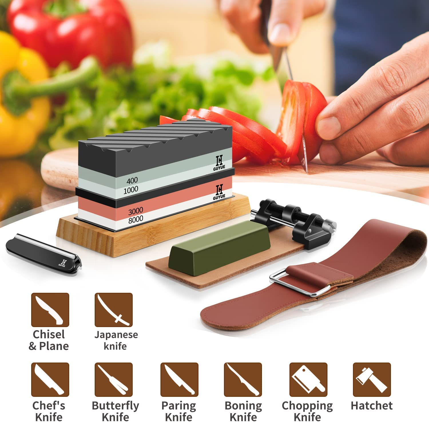 GUYUE Professional Knife Sharpening Stone Set,Professional Whetstone Sharpener,Premium 4 Side Grit 400/1000 3000/8000 Water Stone,Flattening Stone,Non-Slip Bamboo Base,Chisel Honing Guide. image number 2