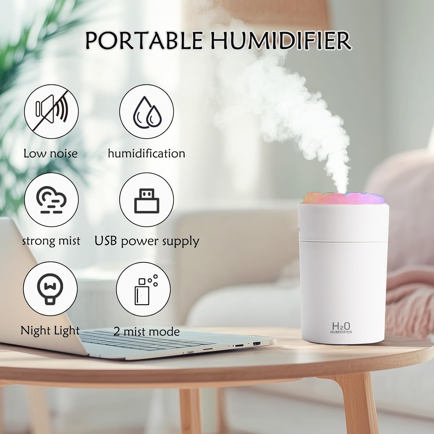 Air Humidifiers for Bedroom, Portable Mini Humidifier with 7-Color Night Light, Essential Oil Diffuser USB Cool Mist Humidifier, Auto Shut-Off, 2 Mist Modes, for Car, Office, Bedroom (220Ml, White) image number 3