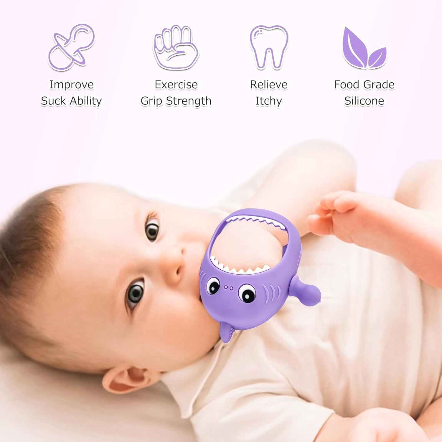 Cute Shark Teething Mitten Toy for Babies, Never Drop Silicone Baby Teether, Hand Pacifier for Babies to Suck and Chew, Toy for Teething Babies (Magenta Purple) - Magenta Purple image number 2