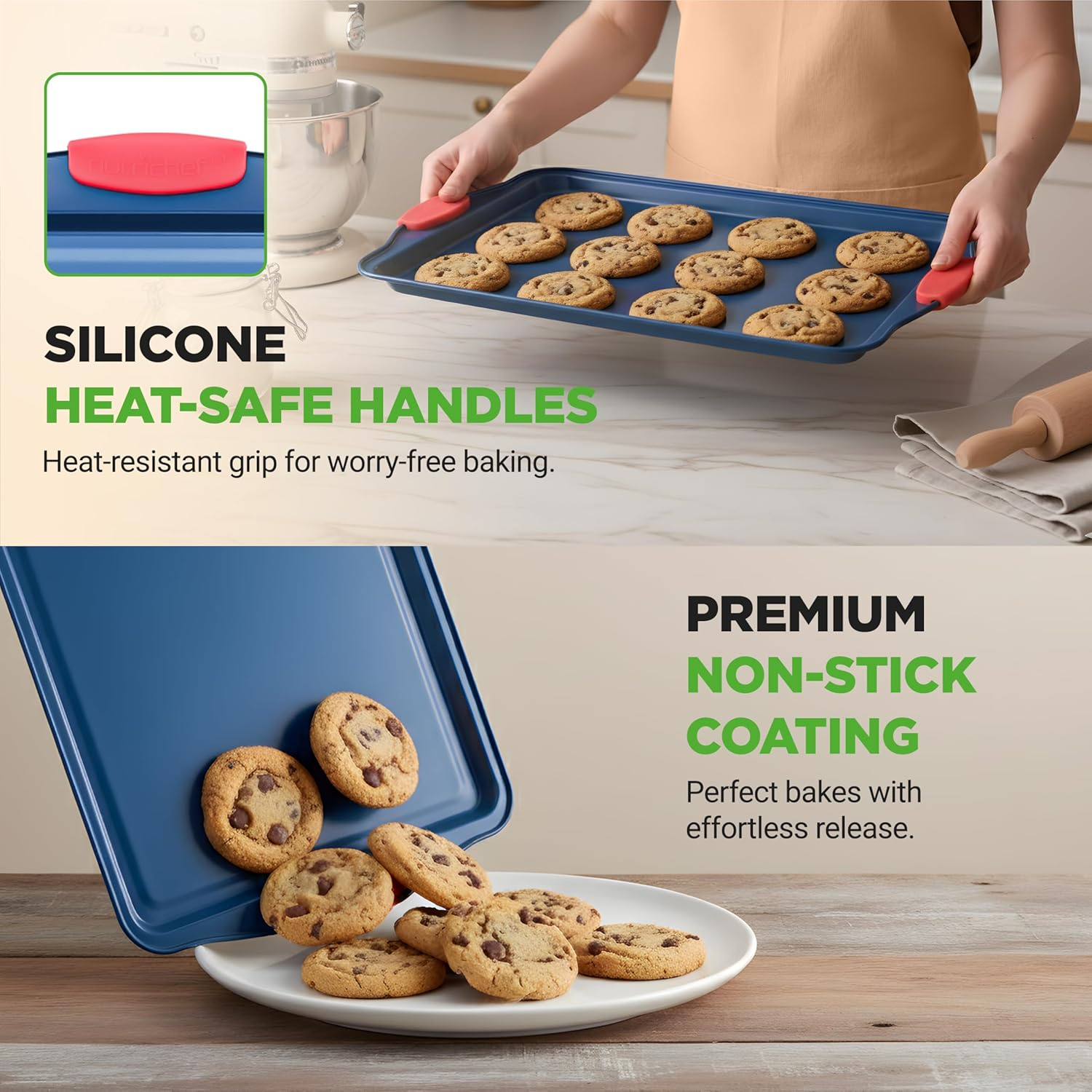 Nutrichef 3-Piece Nonstick Bakeware Set - PFOA, PFOS, Ptfe-Free Carbon Steel Baking Trays W/Heatsafe Red Silicone Handles, Oven Safe up to 450&deg;F, Small, Medium & Large Cookie Sheet Pans image number 5