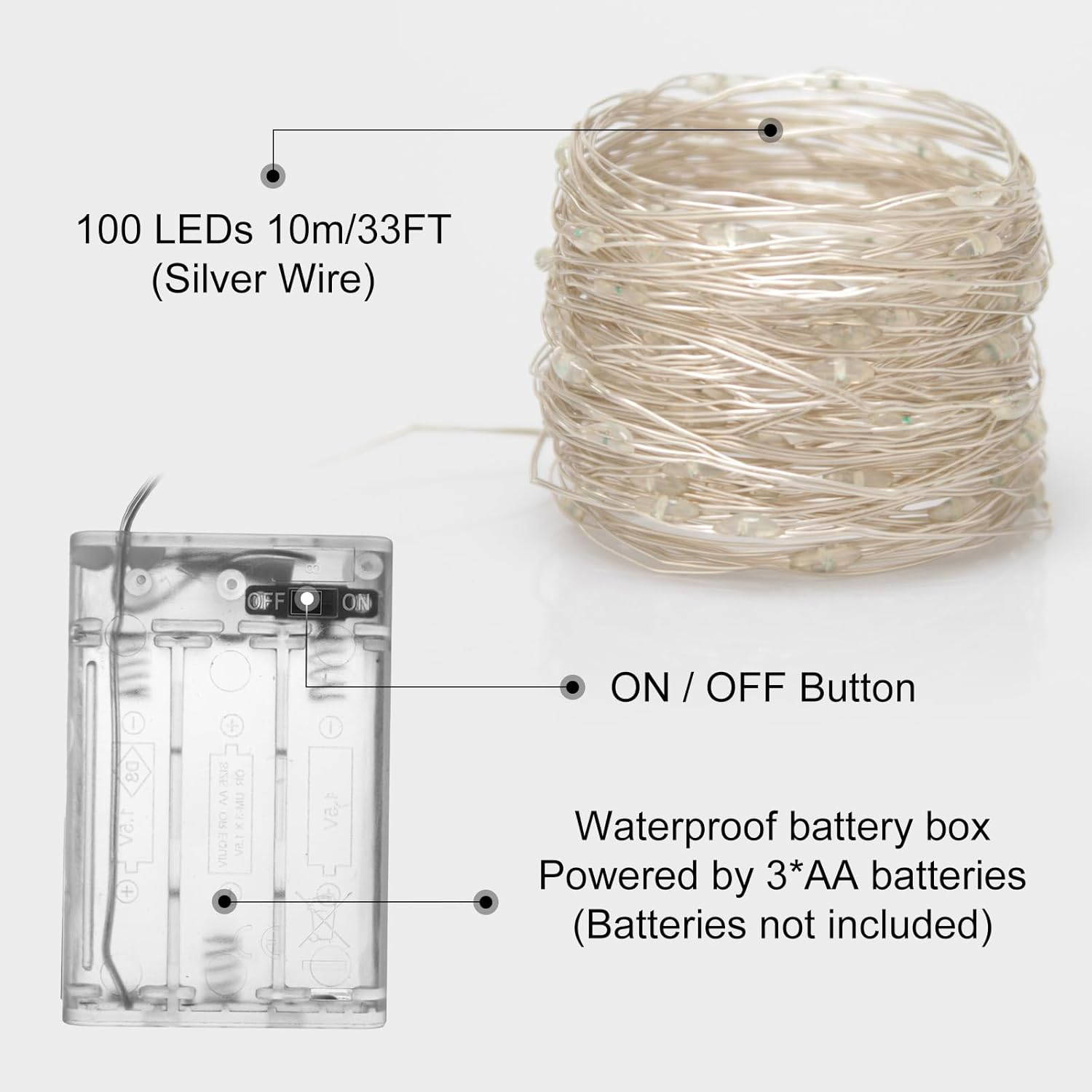 Fairy Christmas LED String Light Battery Operated, 10M / 100LED White Waterproof 3XAA Battery Case, Indoor Outdoor Lights for Xmas Tree Wedding, Halloween, Party, Garden Decoration image number 2