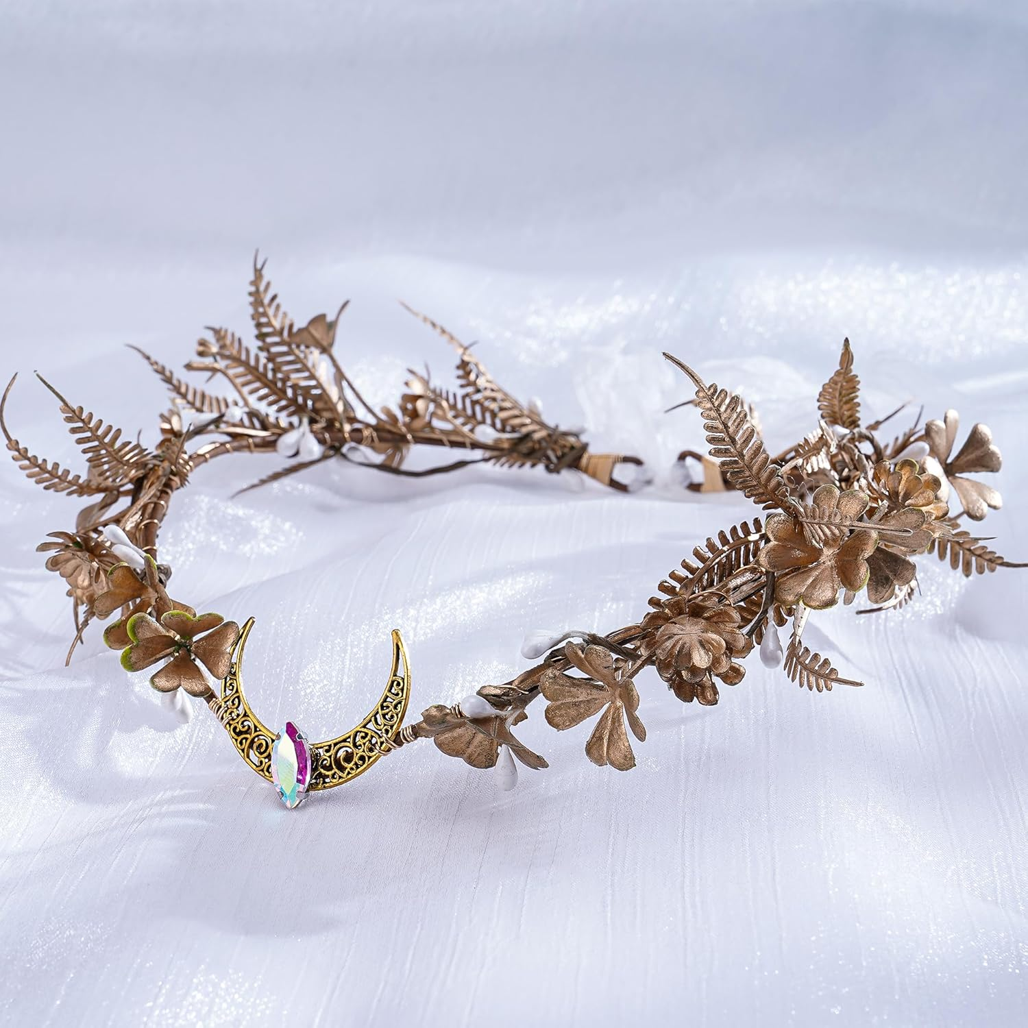 MOSTORY Golden Elf Crown for Women Forest Flower Headband for Renaissance Cosplay Moon Fairy Elf Headpiece for Party Photo Shoots image number 4