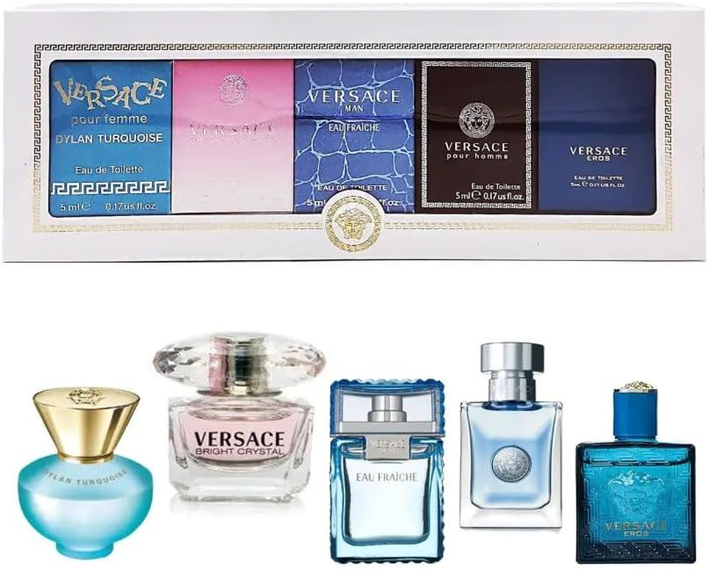 Versace Miniatures Collection 5 Pc Gift Set for Unisex &ndash; Dylan Purple EDP, Bright Crystal, Eau Fraiche, Pour Homme, Eros (0.17 Oz Each) image number 1