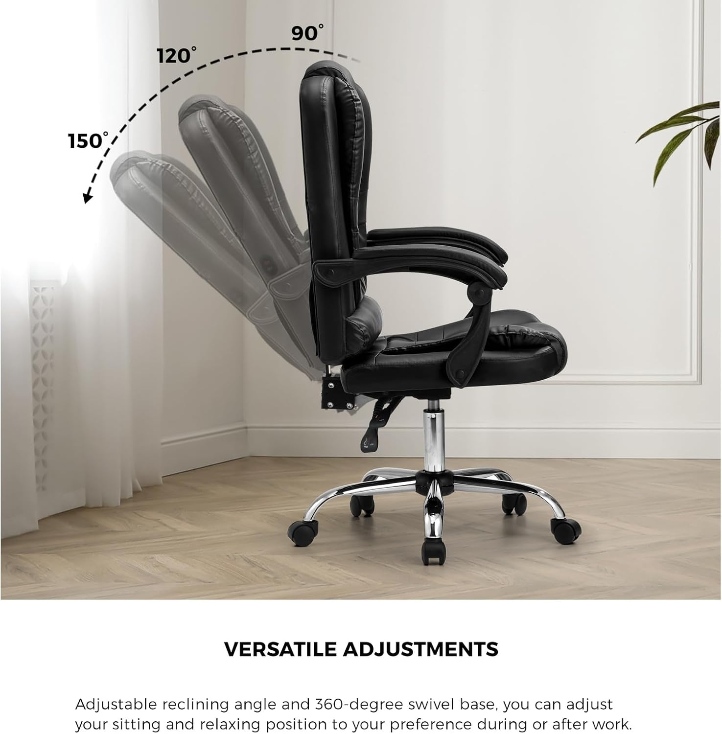 Oikiture Office Desk Chair with Pu Leather Cover and 90-150 Degrees Reclining Ergonomic Message Chair Black