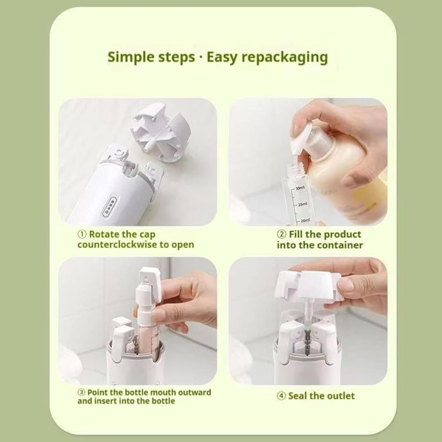 4 in 1 Travel Dispenser Bottle, Portable Containers for Shampoo Lotion Conditioner Cream, Transparent with Scale and Label for Business Trips Gym Camping (White) - White+Green image number 5