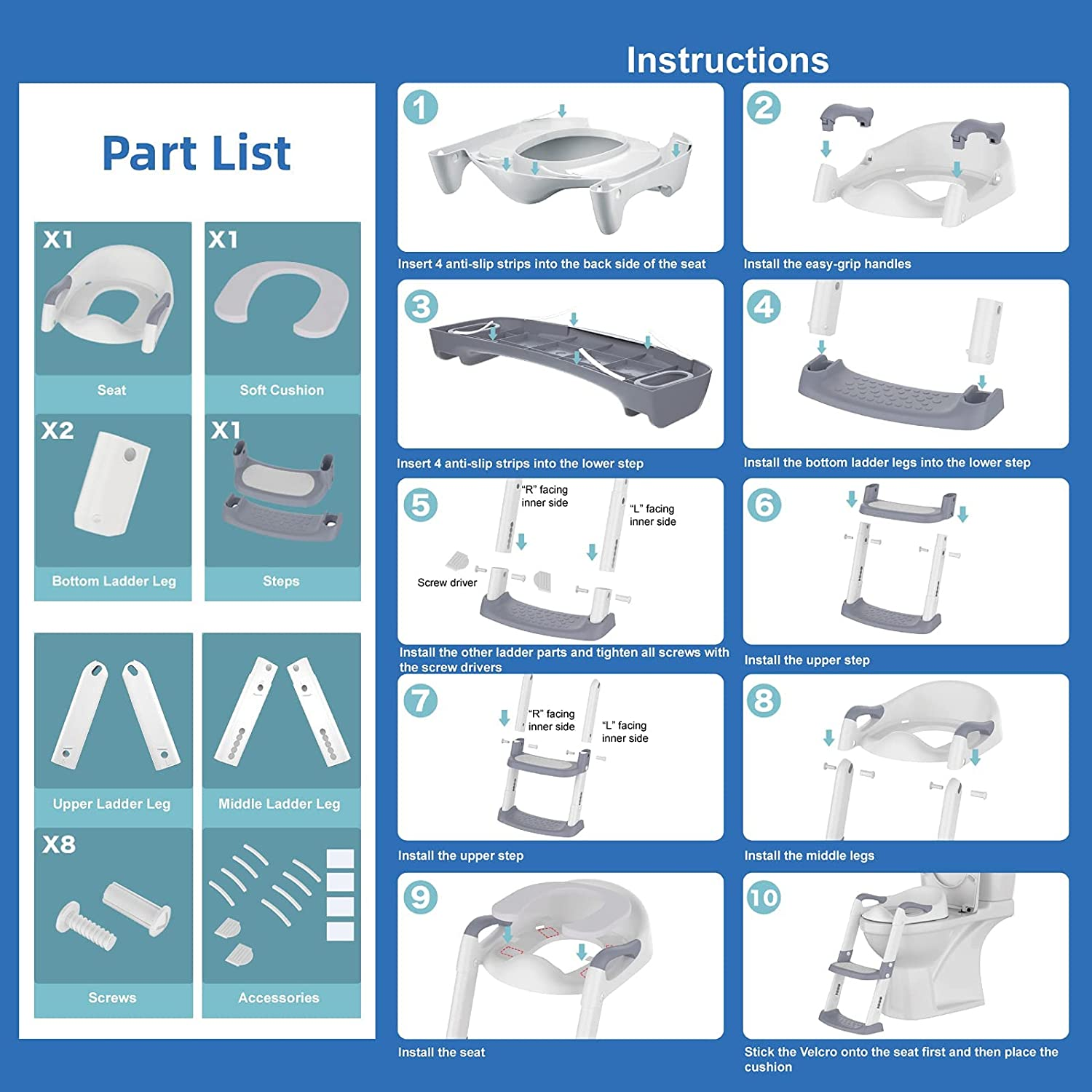FAYDUDU Potty Training Seat with Step Stool Ladder,Toddler Potty Training Toilet for Kids Boys Girls-Comfortable Safe Potty Seat with Anti-Slip Pads (Grey) image number 5