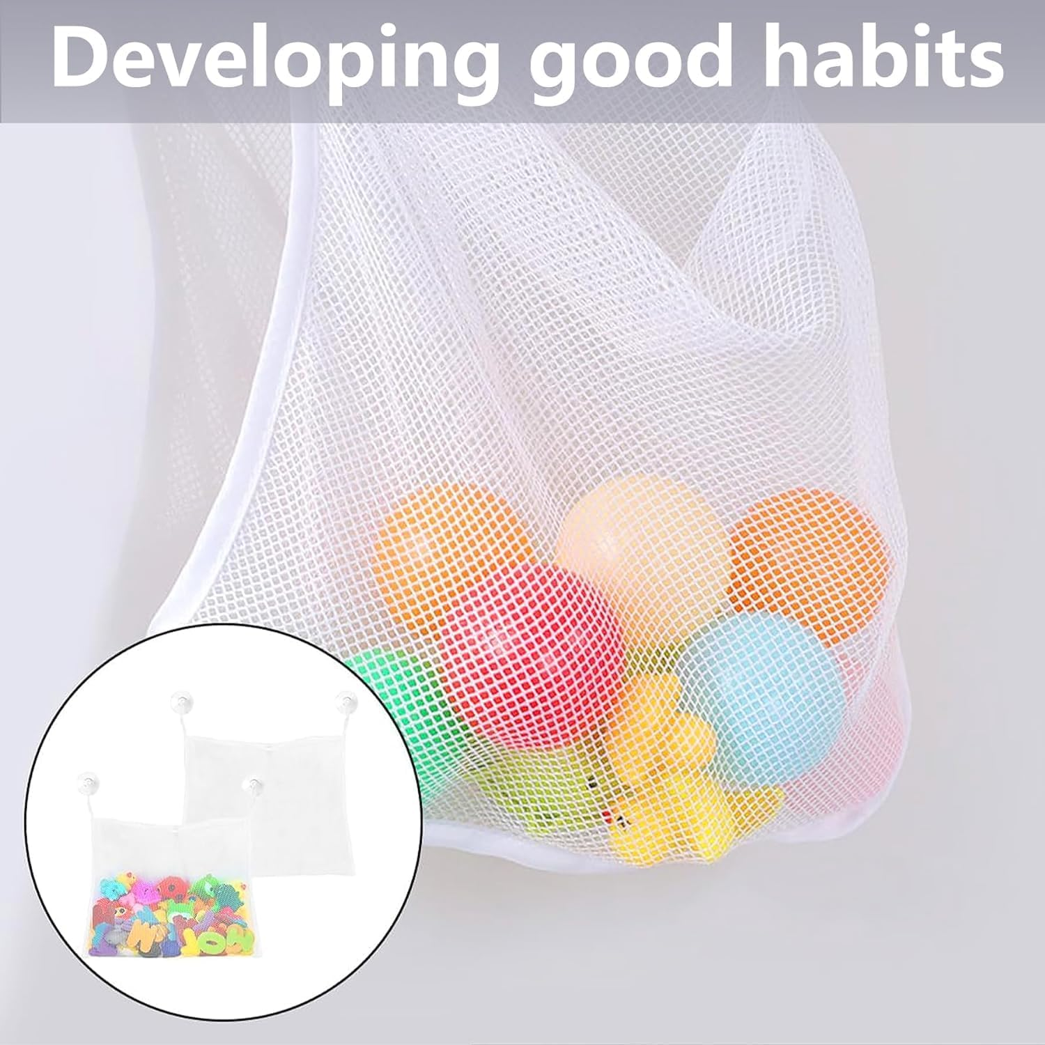 2Pcs Mesh Bath Toy Storage Organizer, Durable Bath Toy Net Bathtub Toy Holdertoddler Shower Caddy Shower Organizer Kids Bathroom for Toys, Shampoo & Soap image number 5