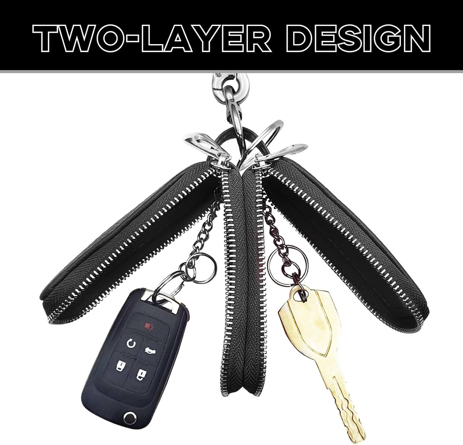 NTNEV Car Key Fob Case, Double Zipper Genuine Leather Protection Key, Universal Premium Car Key Fob Case, Metal Hook and Keyring with Transparent Window for Men Women (Black)