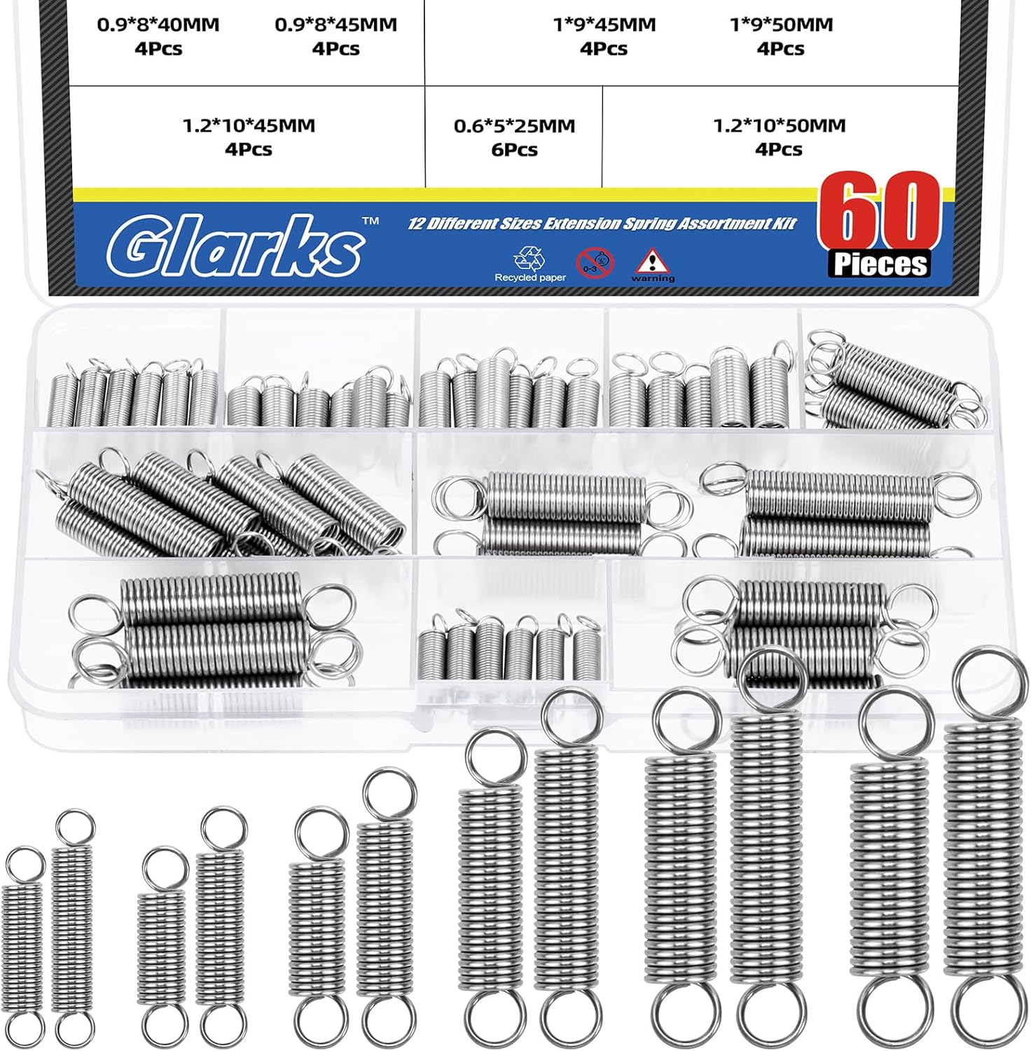 Glarks 60Pcs Stainless Steel Extension Springs with Double Hook Sets 12 Sizes Small Spring Tension Spring Wire Assortment for Machinery Construction Industrial