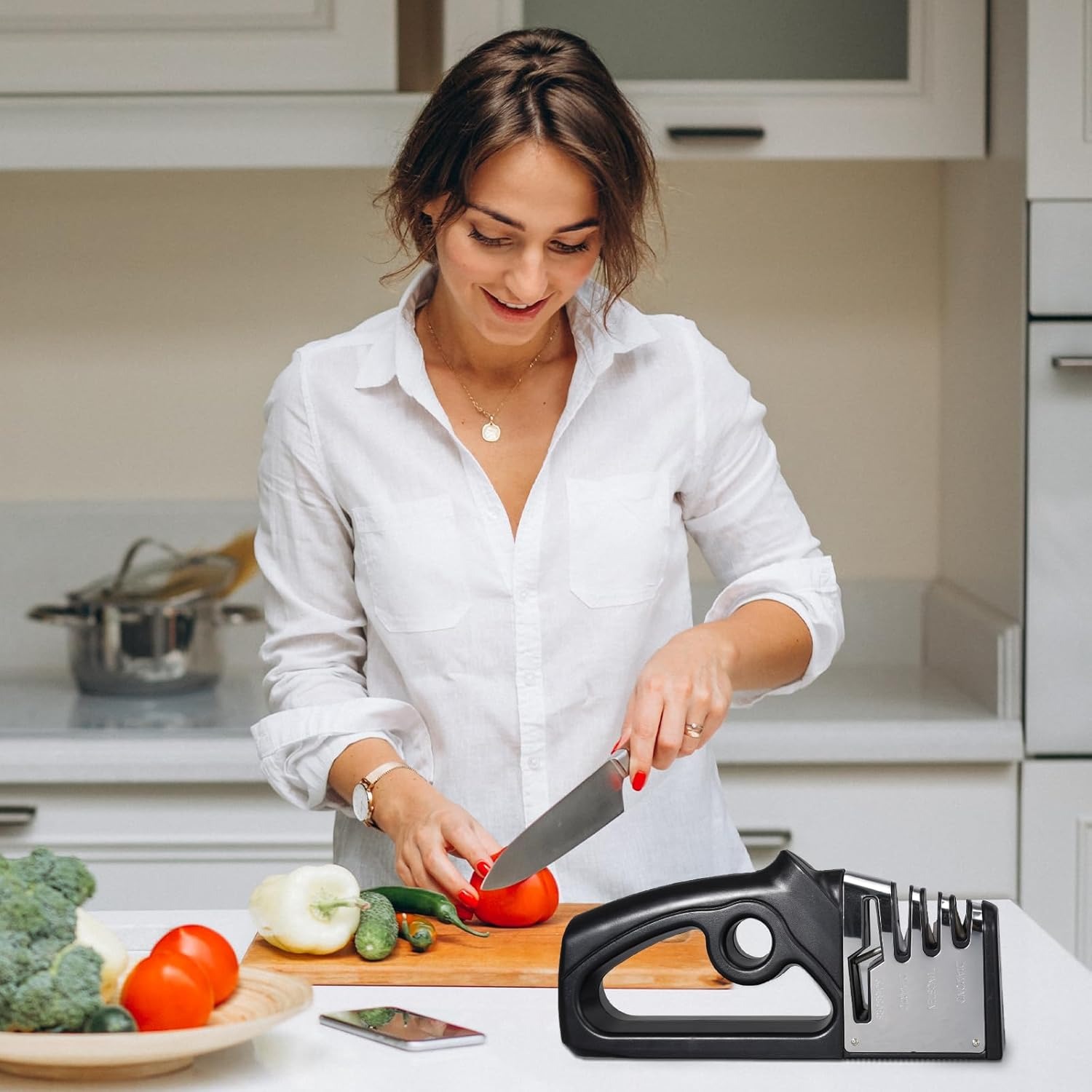 Kitchen Knife Sharpener Knife Sharpener for Kitchen Knives and Scissors, 4-In-1 Fast Sharpening Tool for Chefs and Home Kitchens (Black) image number 5