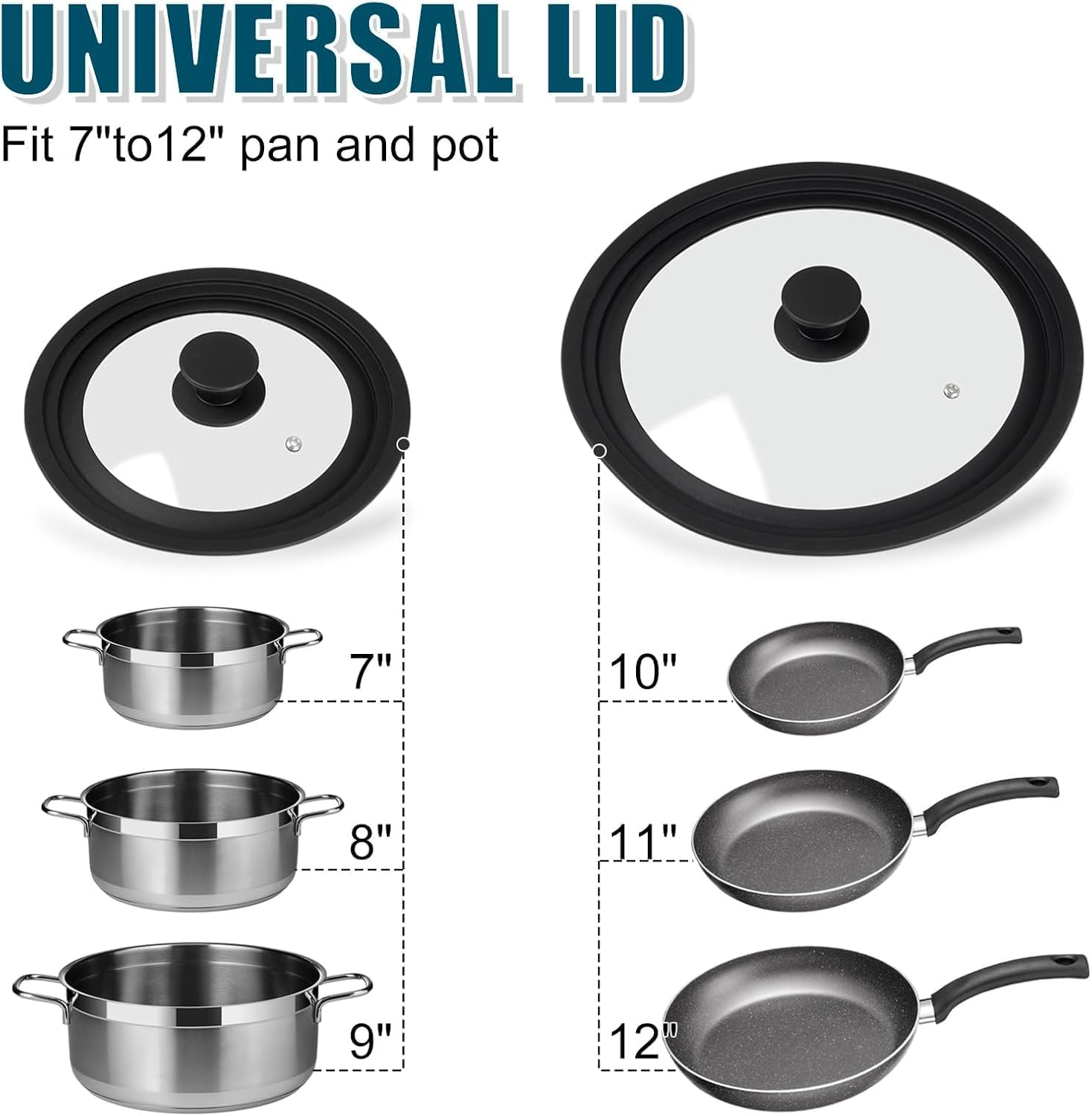 Silicone Universal Lid for Pots Pans and Skillets, 2 Pack Pan Cover Fit 7", 8" 9" & 10", 11", 12" Diameter Cookware, Replacement Pan Lid Pot Lids for Frying Pans, Cast Iron,Tempered Glass Lid (Black) - Grey image number 4