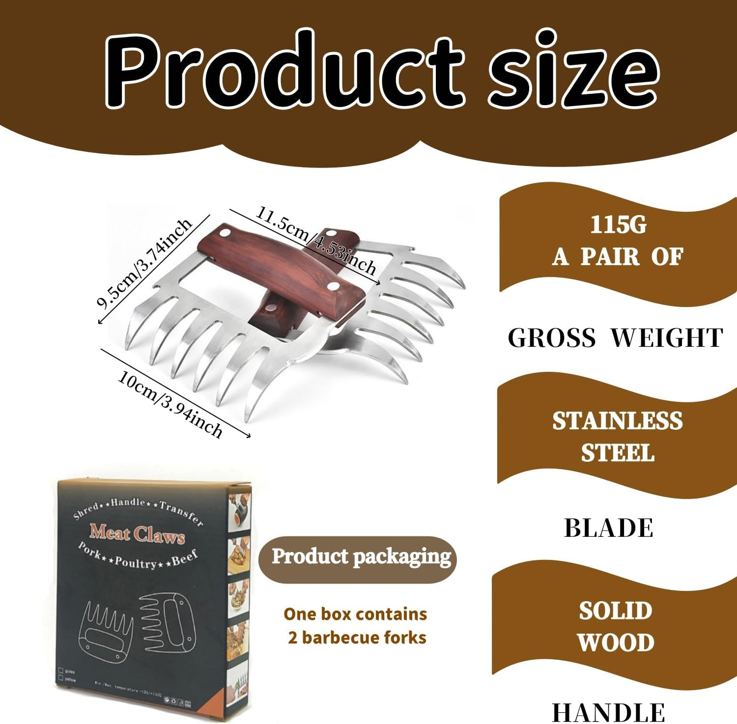 2 Pcs Stainless Steel Forks with Wooden Handle，Stainless Steel Bear Claws Chicken Meat Shredder, Pork Beef Chicken Handles Metal Shredders Pulled Pork BBQ Food Claw image number 2