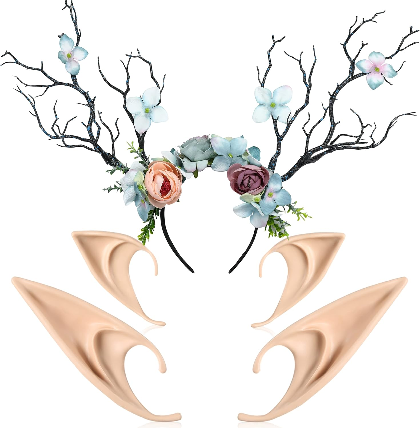 FRESHME Fairy Antlers Flower Crown - Handmade Elf Deer Reindeer Headbands Headpiece for Women Renaissance Cosplay Accessories