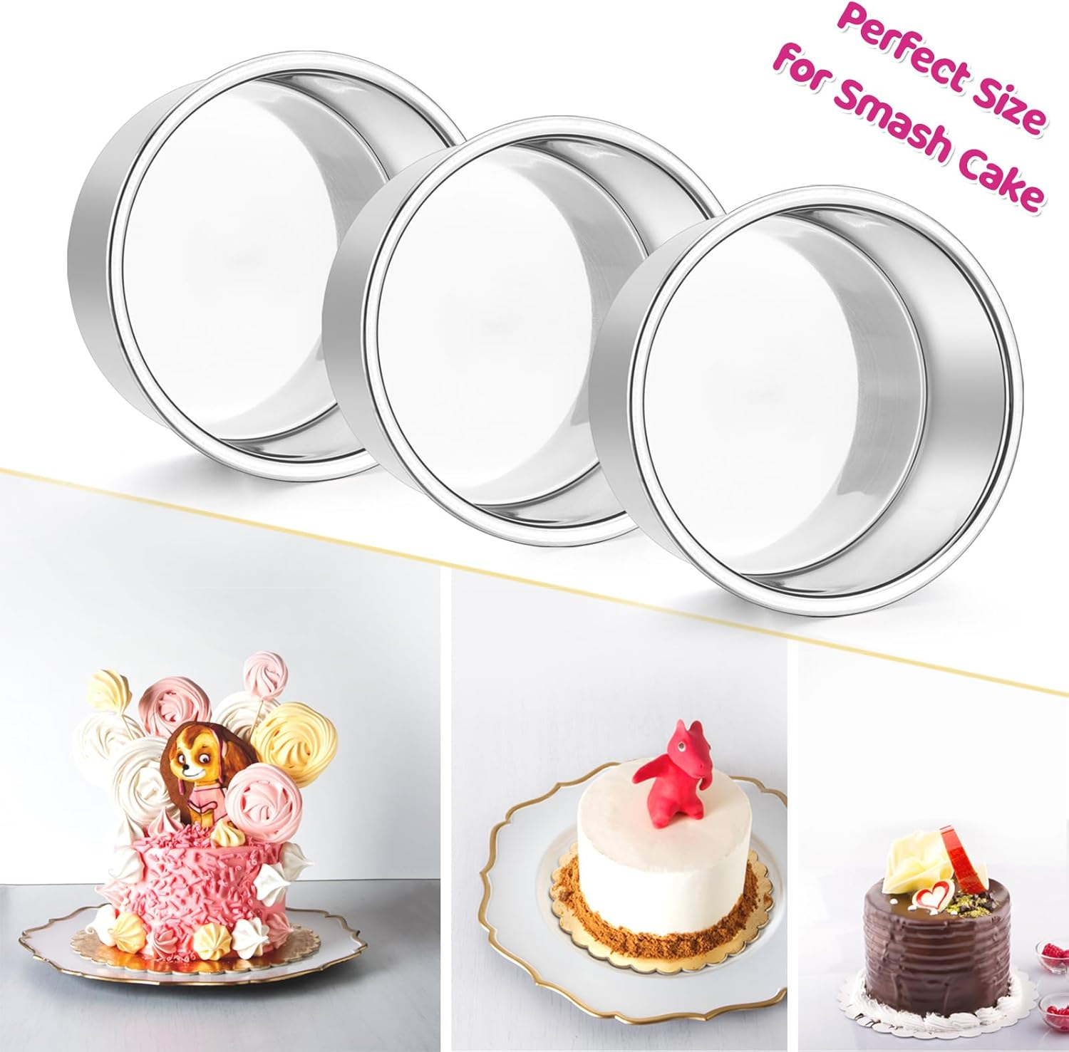 4 Inch Cake Tin Pan Set of 3, E-Far Stainless Steel Mini round Smash Cake Baking Pans, Non-Toxic & Healthy, Straight Sided & Even Baking, Easy Clean & Dishwasher Safe image number 5