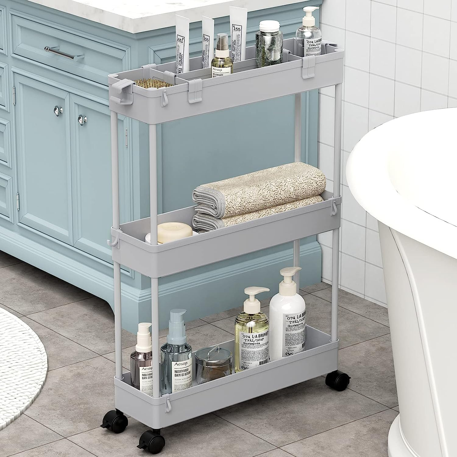 SPACELEAD Slim Storage Cart,3 Tier Bathroom Rolling Utility Cart Storage Organizer Slide Out Cart, Mobile Shelving Unit Organizer Trolley for Office Bathroom Kitchen Laundry Room Narrow Places, Grey