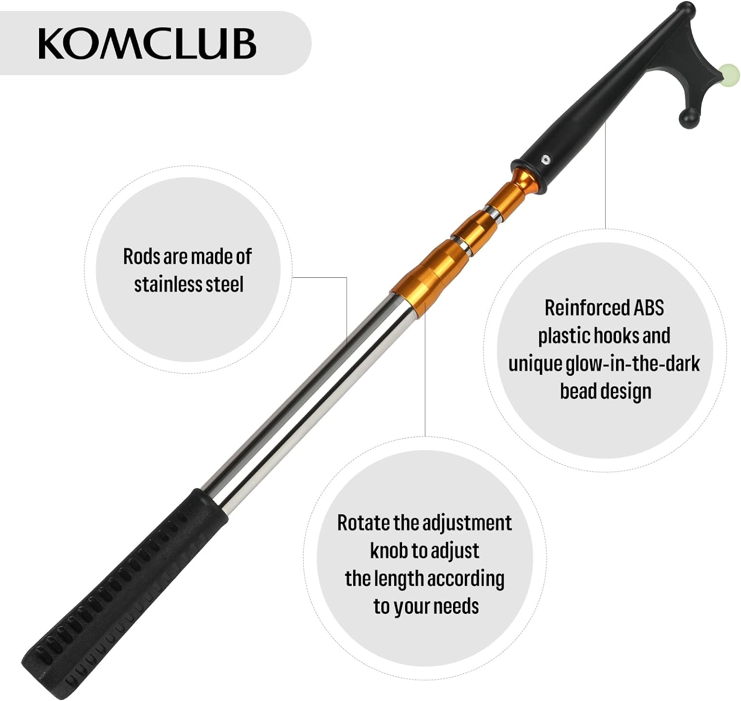 KOMCLUB Telescopic Boat Hook Stainless Steel Boat Push Hook Rod with Luminous Beads Docking Telescopic Rod TPR Non-Slip Handle Boating Accessories Hook Boat Device（Blue/Gold/Black） image number 4