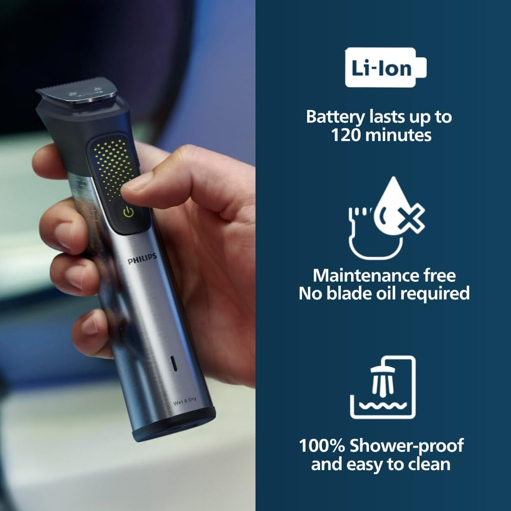 Philips Series 9000 Electric All-In-One Trimmer 18-In-1 Grooming Kit for Face, Hair & Body Shaver, Premium Stainless Steel Handle, Self-Sharpening Blades, Wet & Dry Use MG9515/15 image number 5