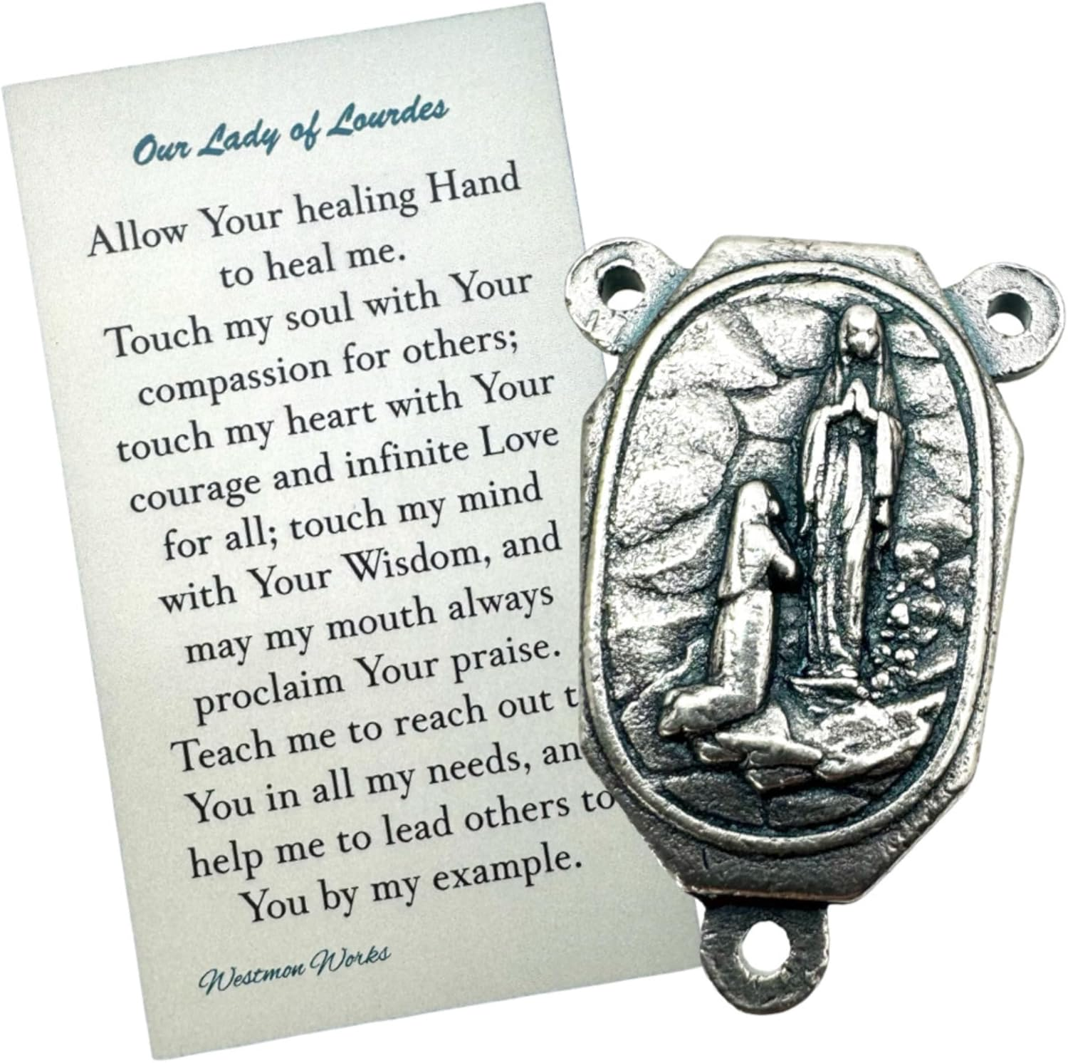 Westmon Works Lourdes Water Centerpiece Set Metal Rosary Center with Our Lady Holy Card