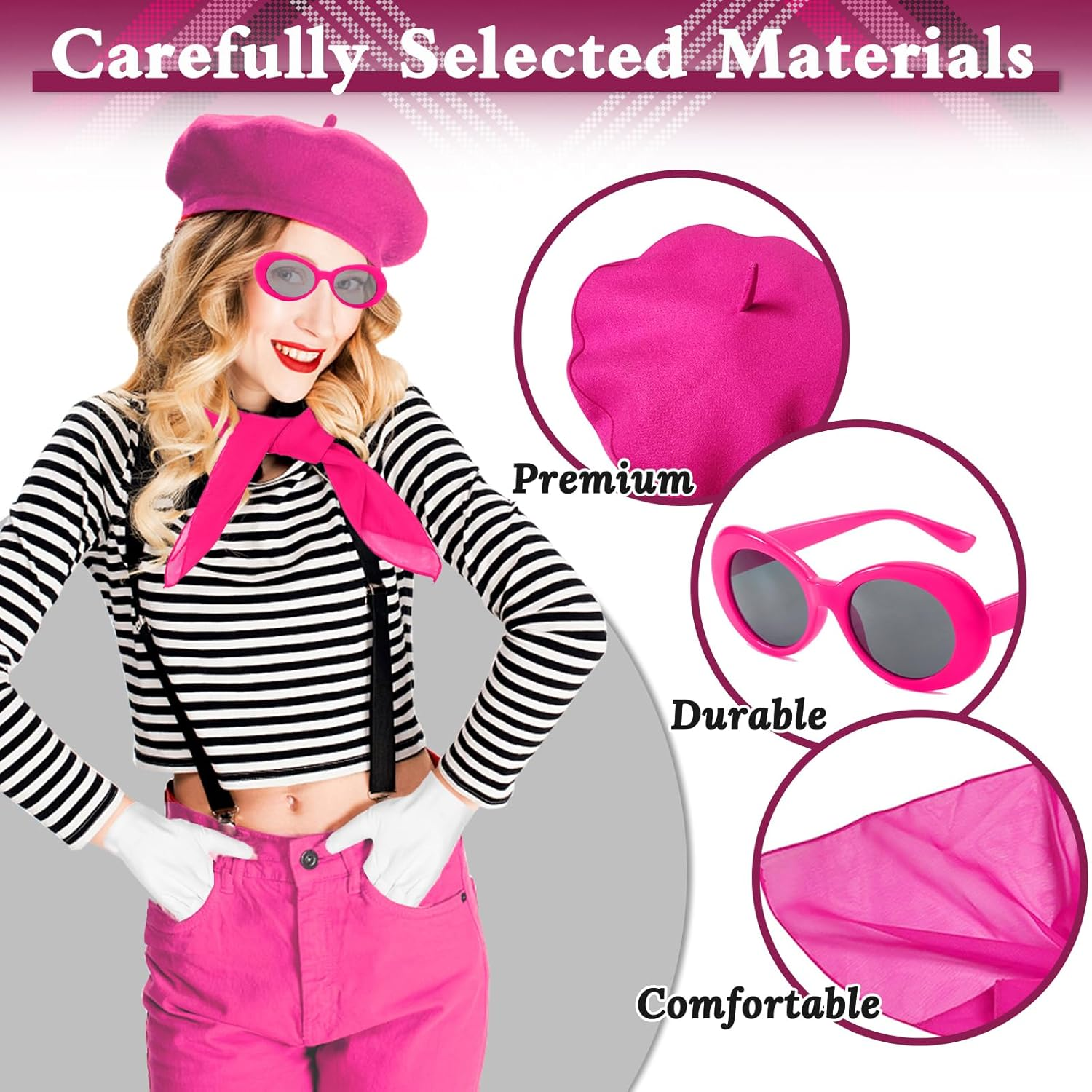 French Women Fancy Dress Costume Accessories Set French Artist Mime Kit with Red Beret Scarf Sunglasses Gloves for Women Girls Cosplay Party Supplies School Dress up Day image number 1