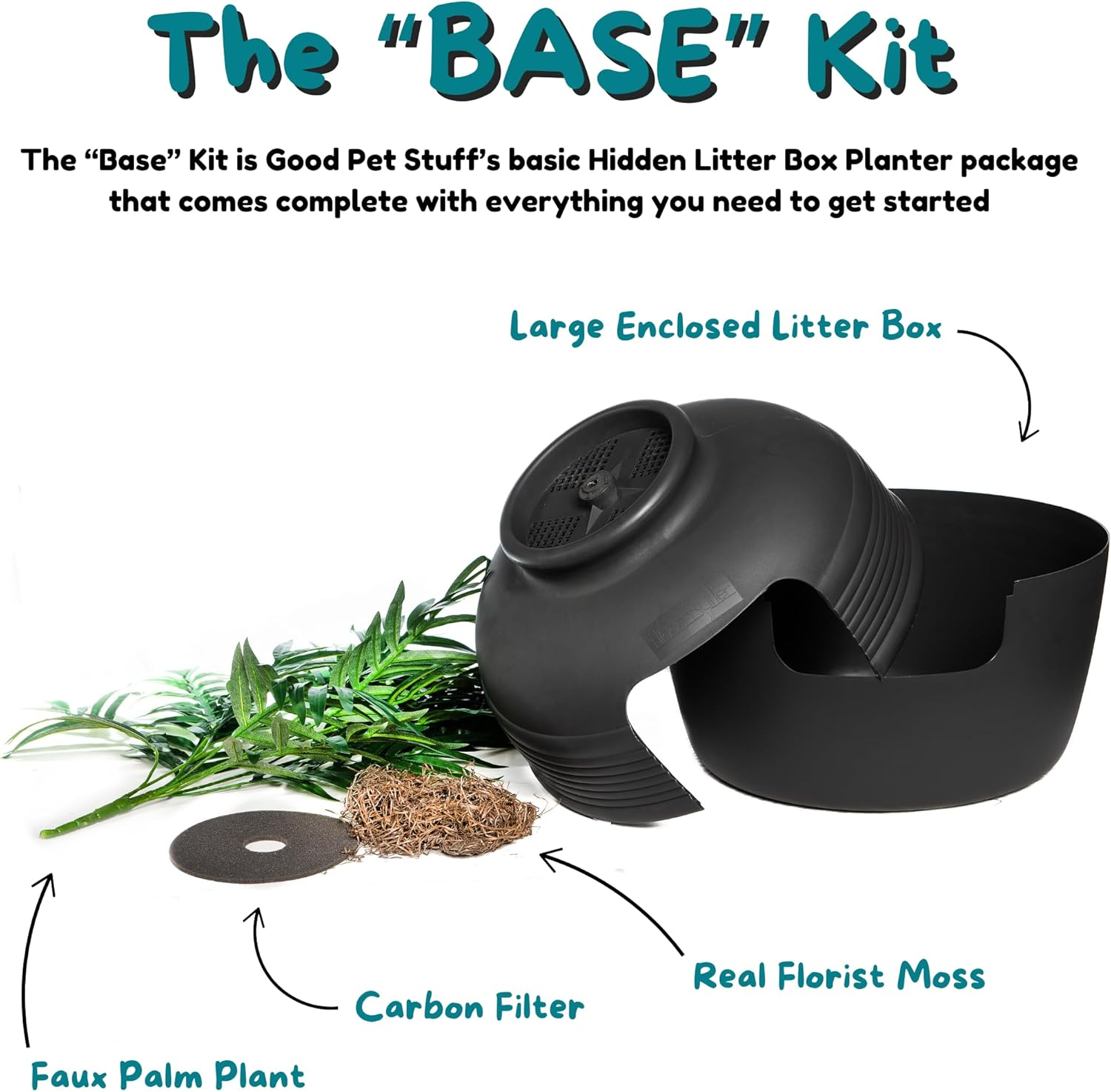 Good Pet Stuff Hidden Cat Litter Box Enclosure with Artificial Plant, Decorative round Planter, Vented Carbon Charcoal Filter for Odor Control, Easy-To-Clean, Made in USA, Base Kit, Black image number 6