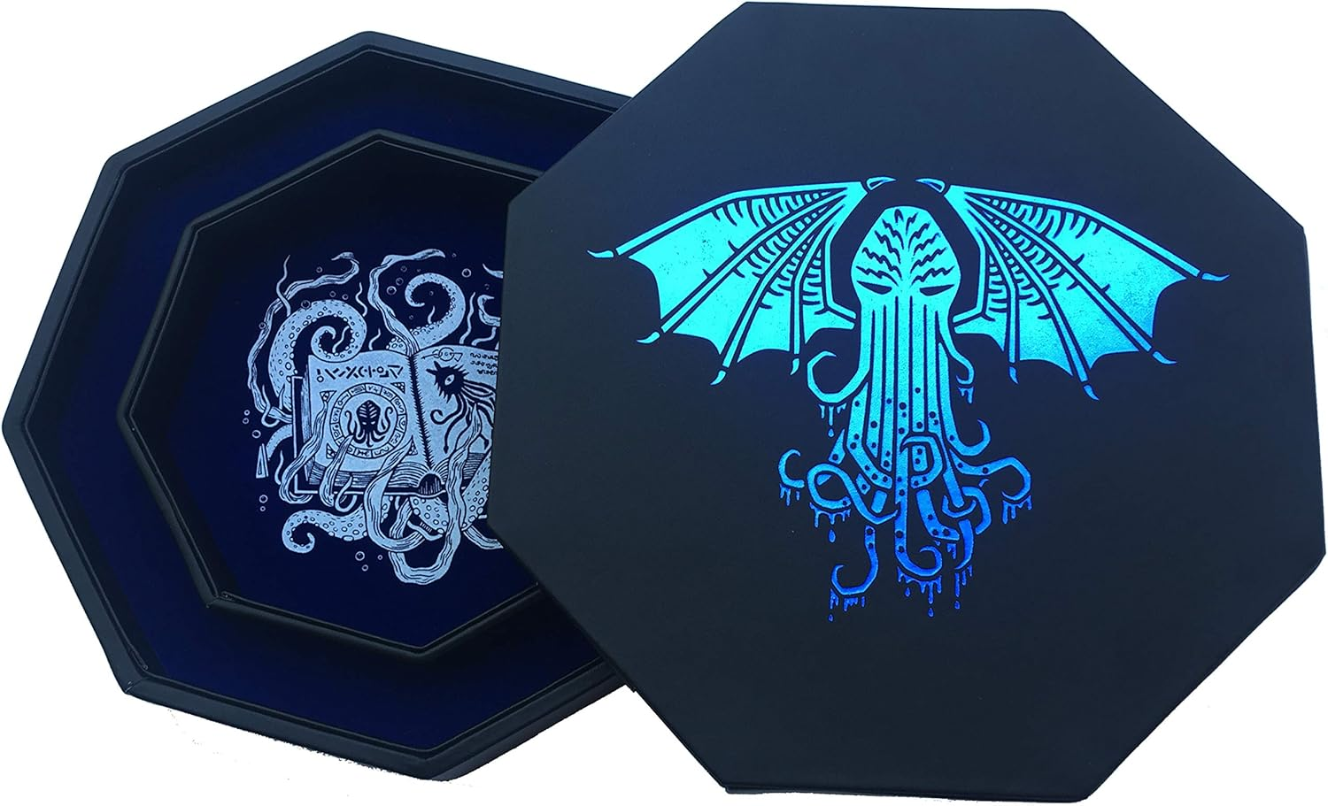 Fantasydice-Cthulhu Tome-Blue- Dice Tray - 8" Octagon with Lid and Dice Staging Area- Holds 5 Sets( 7 Dice Set/ Standard) for All Tabletop Rpgs like D&D , Call of Cthulhu, Shadowrun.