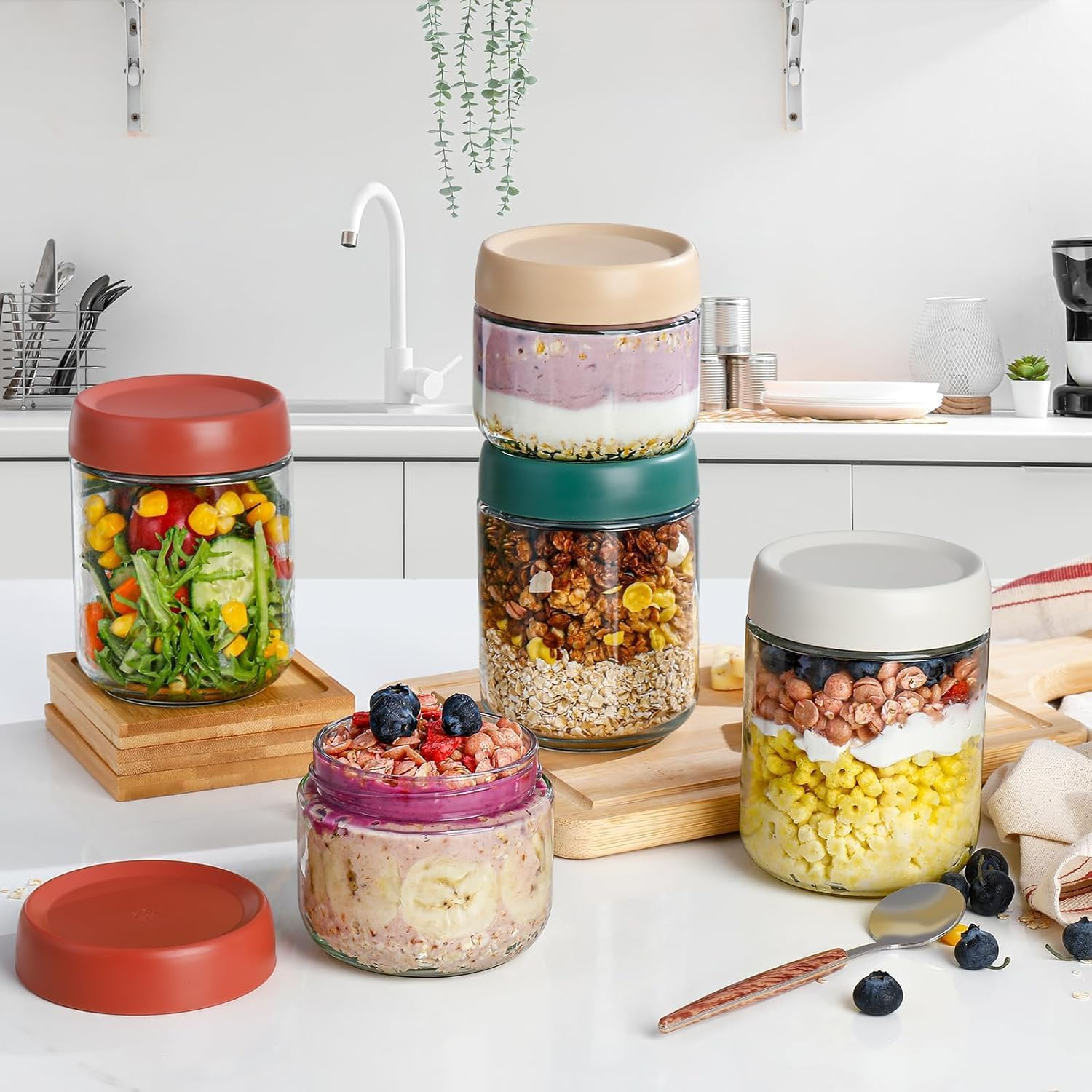 Misenfar 8 Pack 480/350Ml(16/12Oz) Overnight Oats Containers with Lids, Wide Mouth Glass Jars with Airtight Lids, Glass Food Storage Containers for Yogurt, Salad, Chia Pudding, Snacks, Cereal & Spices image number 4