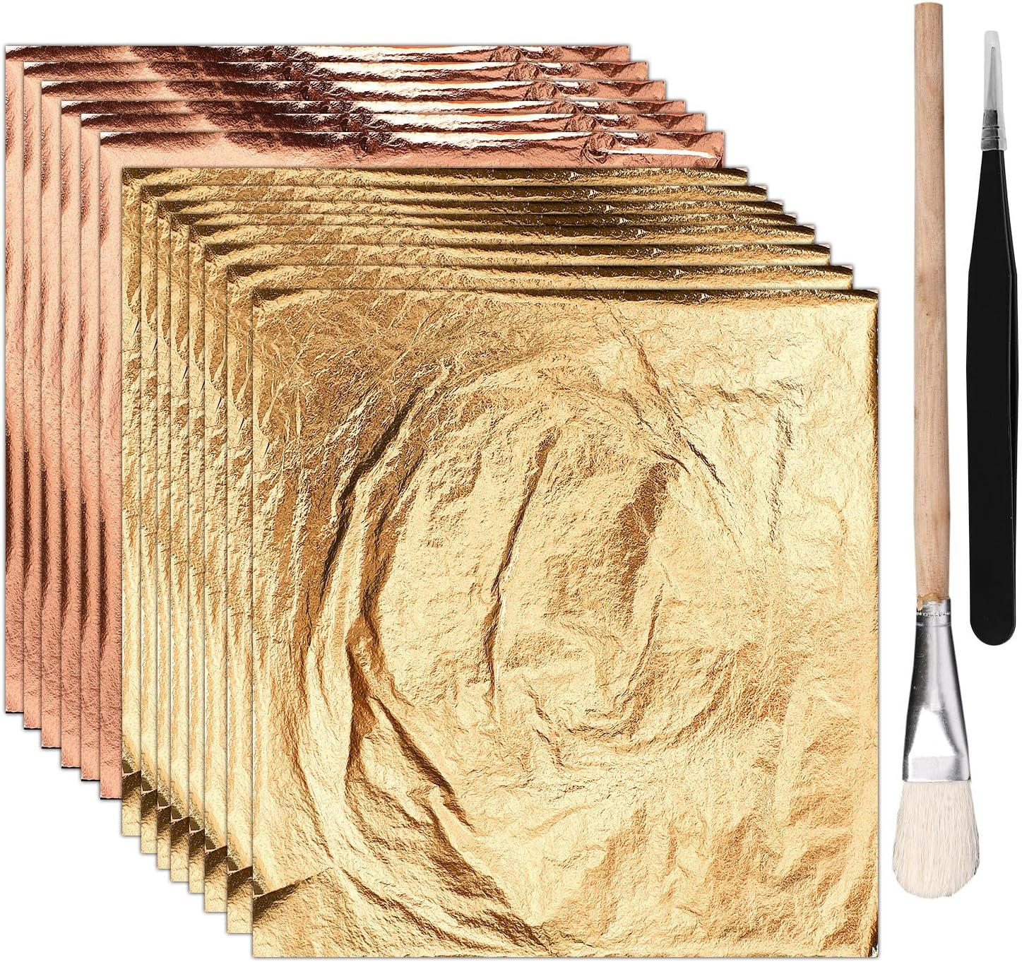 100Pcs Gold Leaf Sheets for Art & Gilding Crafting, 5.5"X5.5" Imitation Gold Foil Sheets with Tweezers & Brush for DIY Projects Painting Nails Furniture Picture Frames Decor (Gold & Rose Gold)