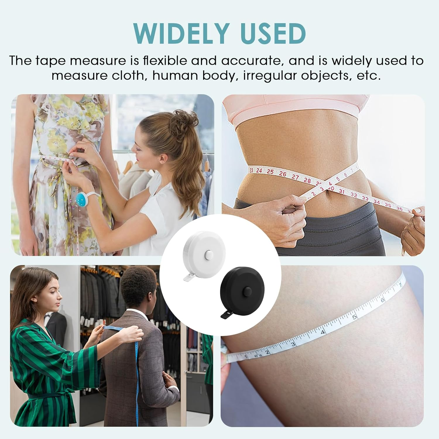 2 Pcs Retractable Measuring Tape, Dual Sided 150CM Soft Fabric Measuring Tape with Inch and Centimeter Scales for Sewing, Tailor, Crafts, Waist, Weight Loss Tracking, DIY Projects (Black & White) image number 4