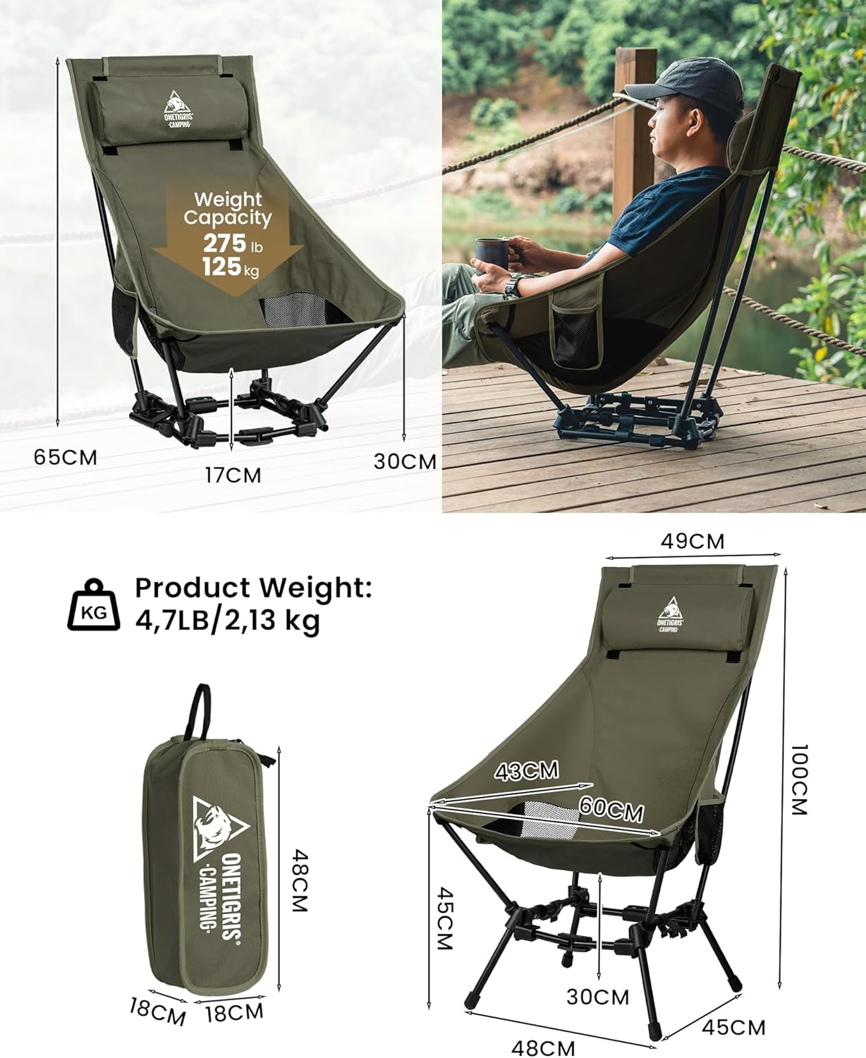 Onetigris Dragonhide Oversized Camping Chair with Pillow Design, Comfortable Widened Seat Folding, 275 Lbs Capacity image number 4