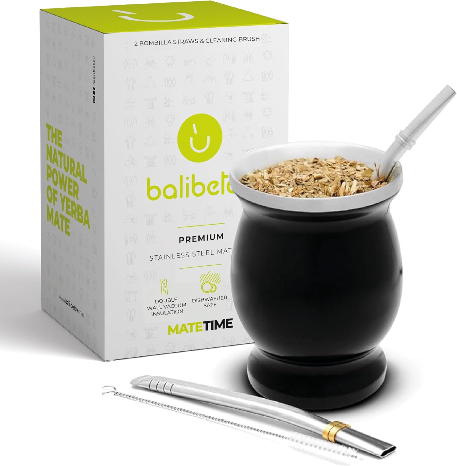 BALIBETOV Mate Cup and Bombilla Set - Yerba Mate Set Includes One Yerba Mate Cup, Two Bombilla Mate (Straw) and Brush - Stainless Steel Double-Wall | Easy to Clean Yerba Mate Gourd (Wood)