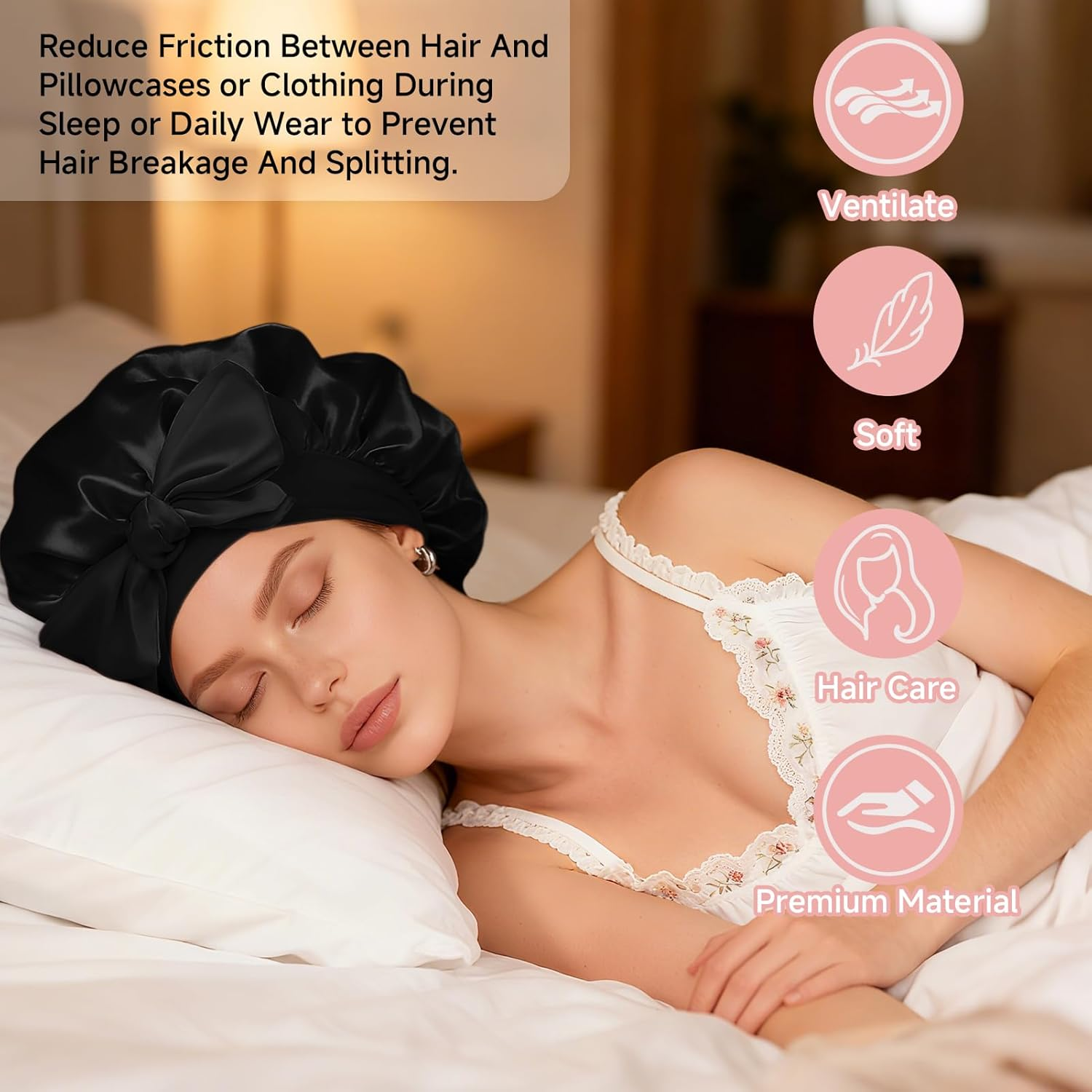 AIAOO Silk Bonnet for Sleeping Satin Hair Bonnet with Bow Ribbon Elastic Wide Band, Large Size for Curly Natural Hair, Night Sleep Cap for Women, Soft Breathable, Wig Protection image number 1