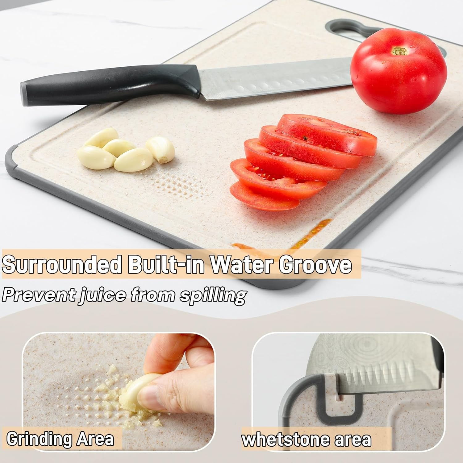 CHDEXU Double Sided Cutting Board for Kitchen, 304 Stainless Steel and Wheat Straw Chopping Board for Meat Vegetables Fruit, Cutting Boards with Handle and Non Slip Design image number 4