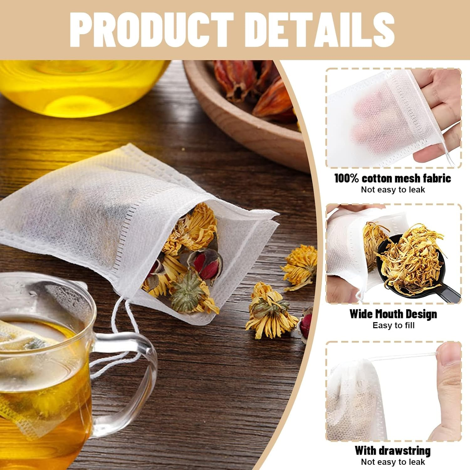 Disposable Tea Filter Bags, 3.1 * 4.7Inch Loose Tea Bags, 200Pcs Drawstring Seal Filter Bags for Loose Tea, Coffee, Herb Lavender, DIY Spice Seasoning (White) image number 5