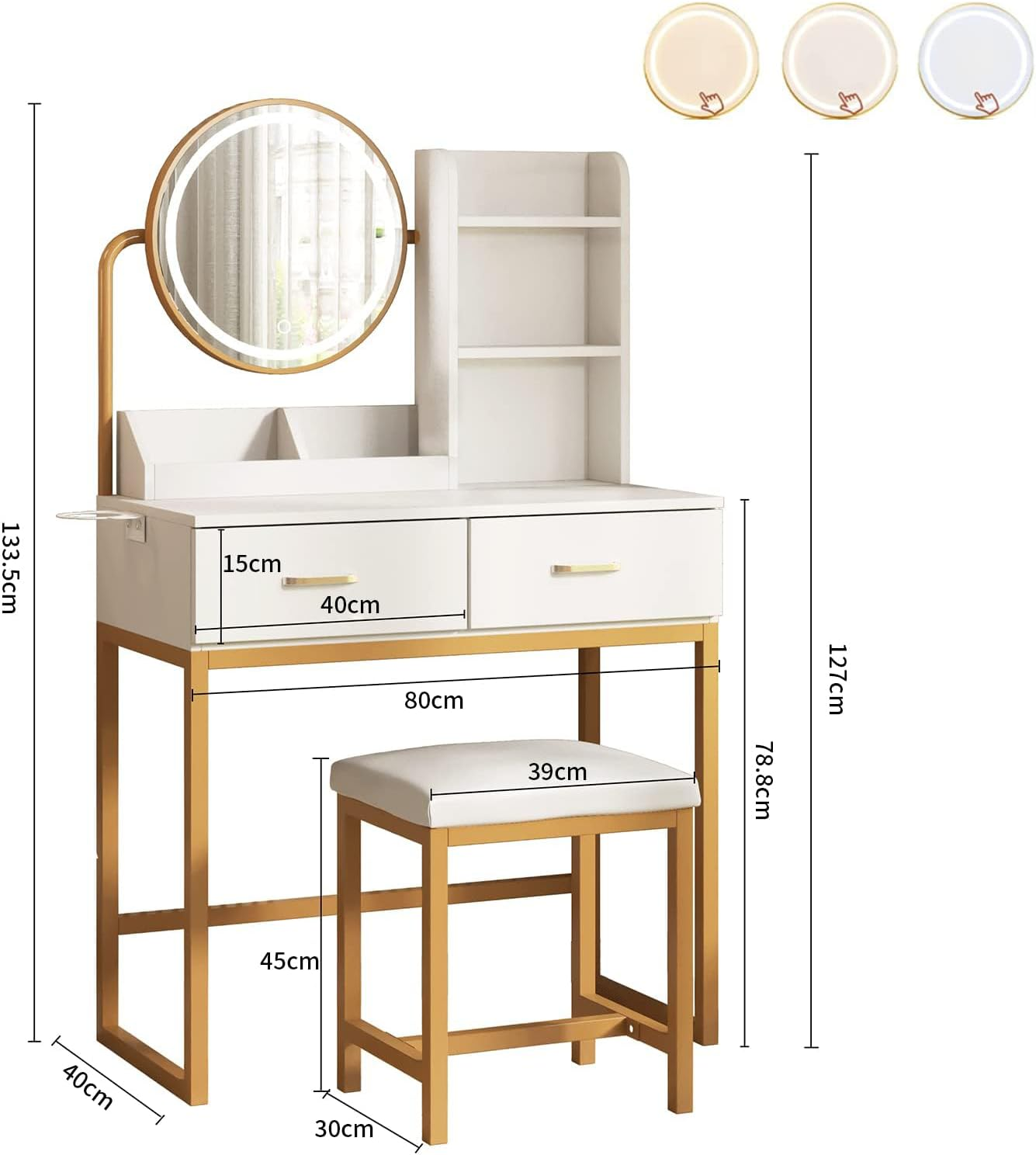 Omebel Makeup Vanity Dressing Table with round Mirror and Lights, White Vanity Desk, Small Vanity Table for Bedroom with Lots Storage, 3 Lighting Modes image number 3