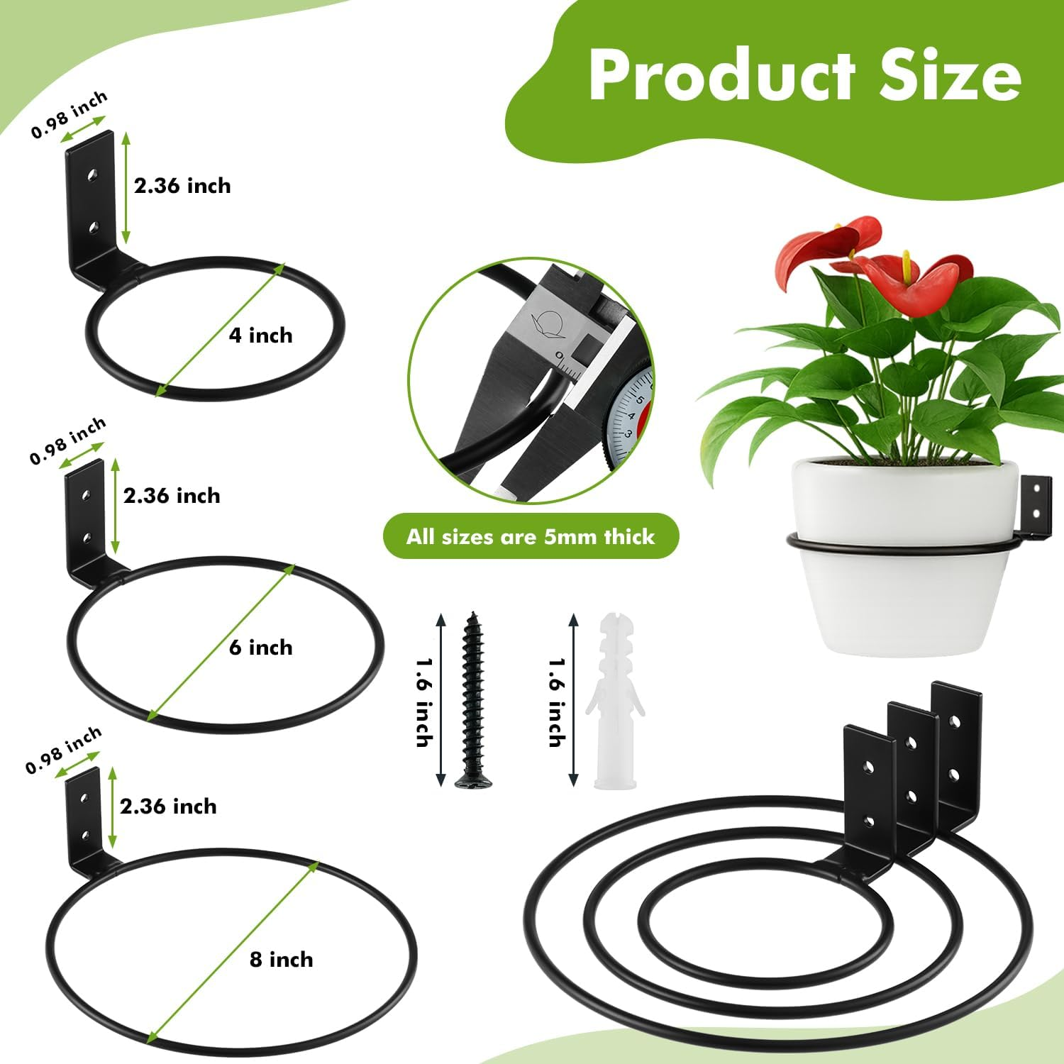 8 Pack 4/6 in Flower Pot Holder Ring Wall Mounted Metal Hangers Bracket for Home Garden Indoor Outdoor Planters, Black image number 2