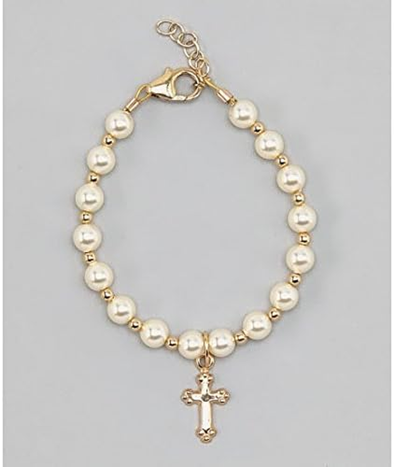 Christening 14KT Gold-Filled Beads with Cream Swarovski Simulated Pearls and Cross Charm Luxury Unisex Baby Bracelet (BGC) image number 3