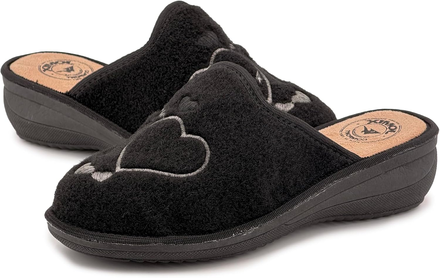 JOMIX Women'S Slippers Winter Comfortable Slippers Low Wedge Heel Made of Felt with Embroidered Hearts Warm Soft Non-Slip Made in Italy