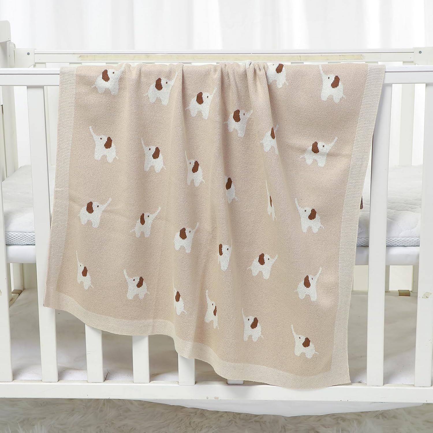 Hadetoto 100% Cotton Baby Blanket Knit Soft Cozy Swaddle Receiving Blankets Toddler Infant Blanket with Lovely Elephant for Newborn Boy Girls - Camel, 90 X 70Cm image number 2