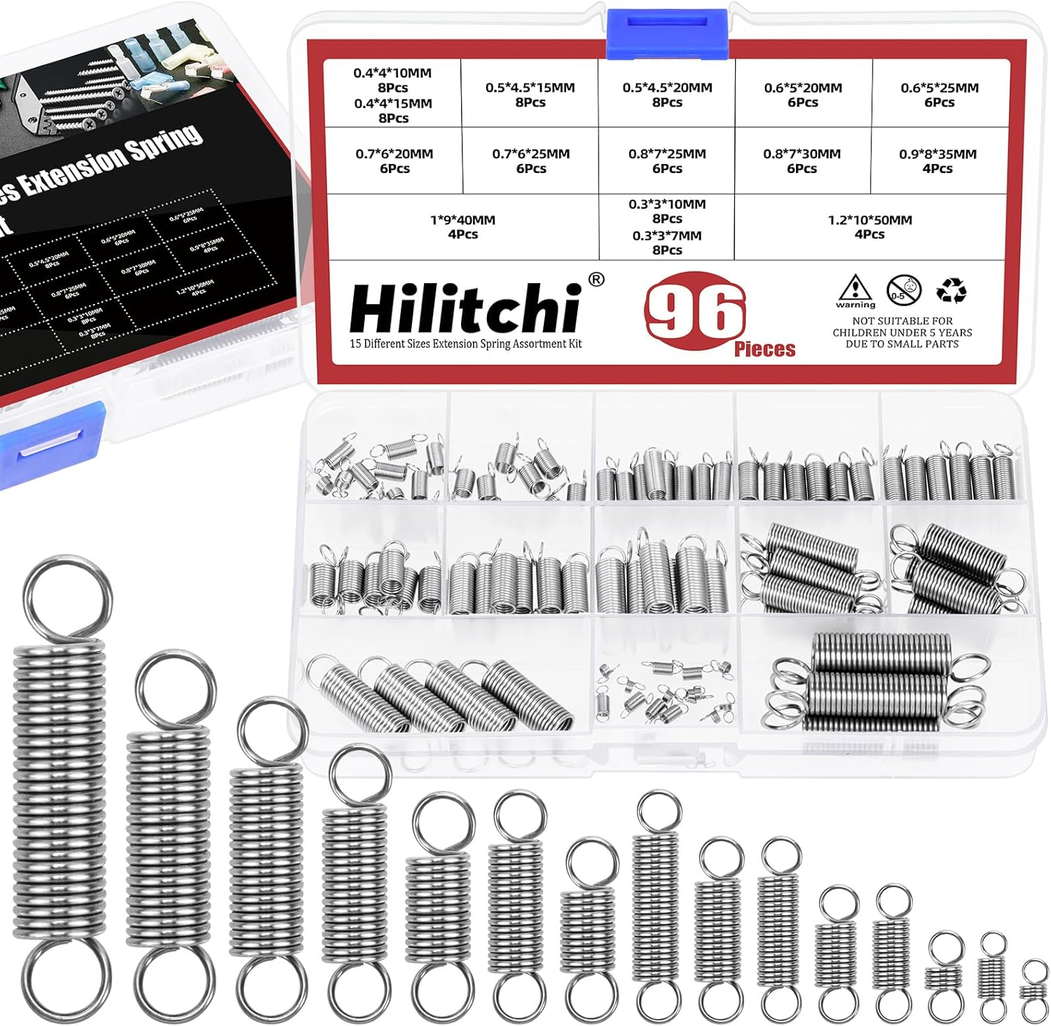 Hilitchi 96Pcs 15 Sizes Extension Spring Assortment Kit Extension Spring Stainless Steel Springs Assorted Size Small Springs Compression Tension Springs for Repairs Maintenance image number 1