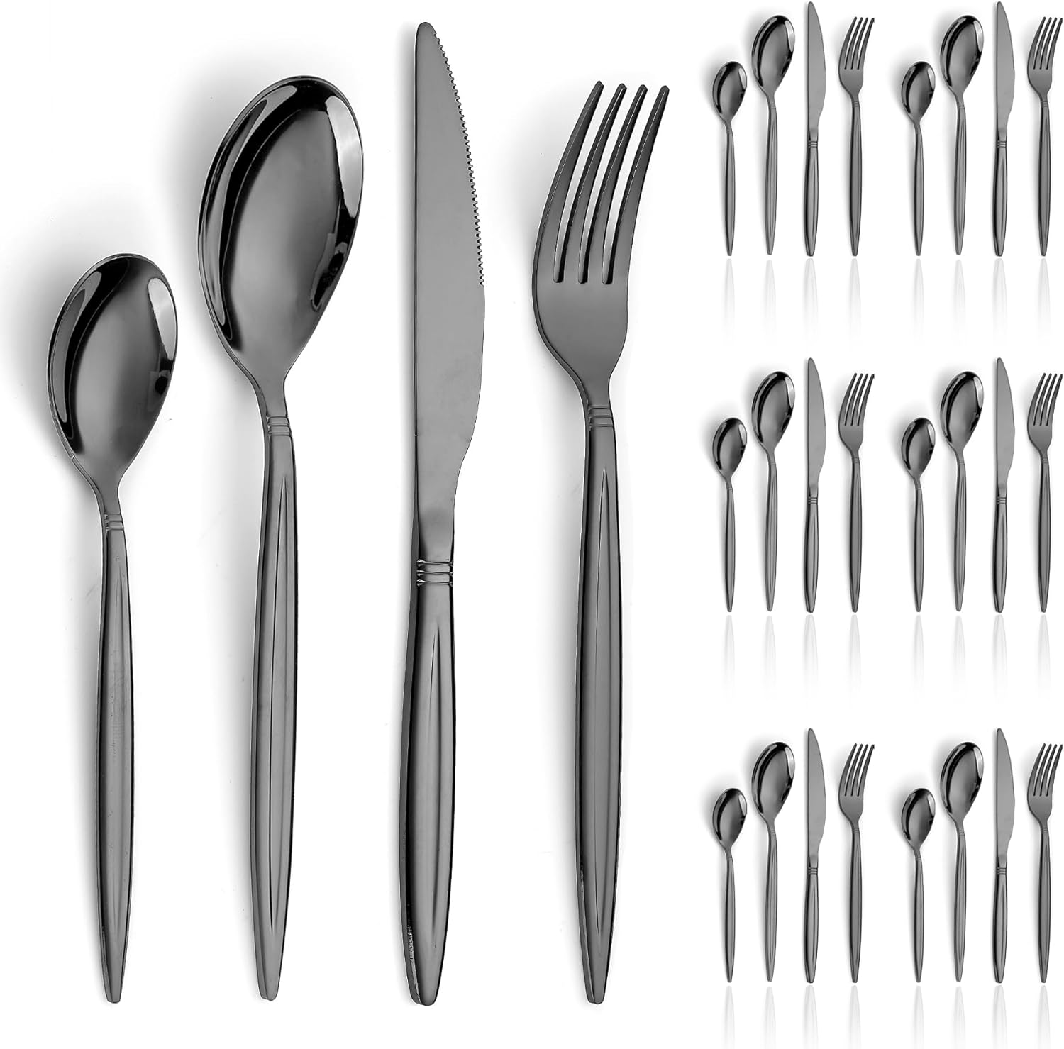 Black Cutlery Set 30 Pieces Service for 6, Berglander Titanium Black Plated Stainless Steel Flatware Set, Knives Forks Spoons Silverware Set